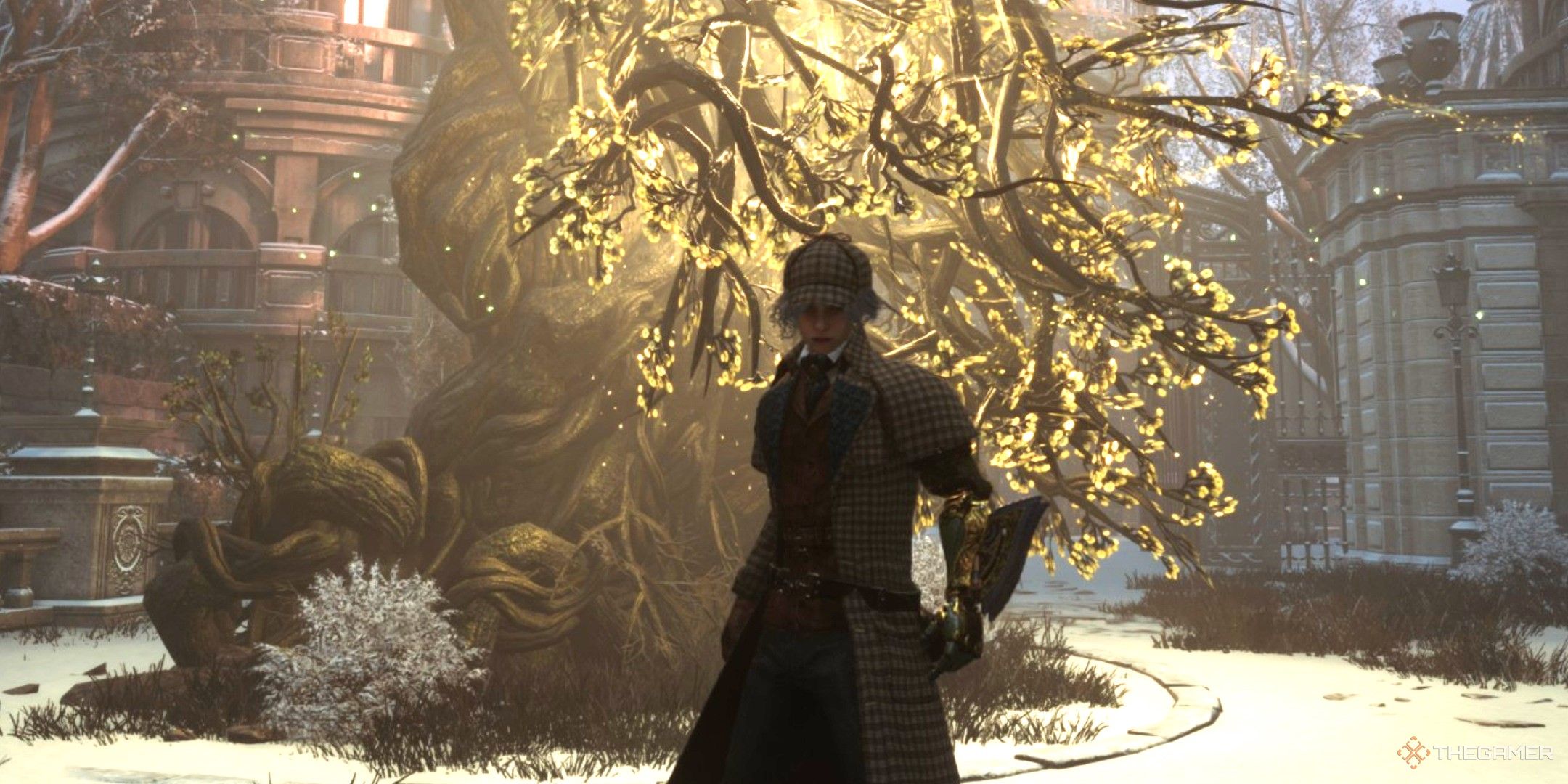 Player wears the Sherlock Holmes Outfit in front of the Golden Coin Fruit Tree in Lies of P: Overture.