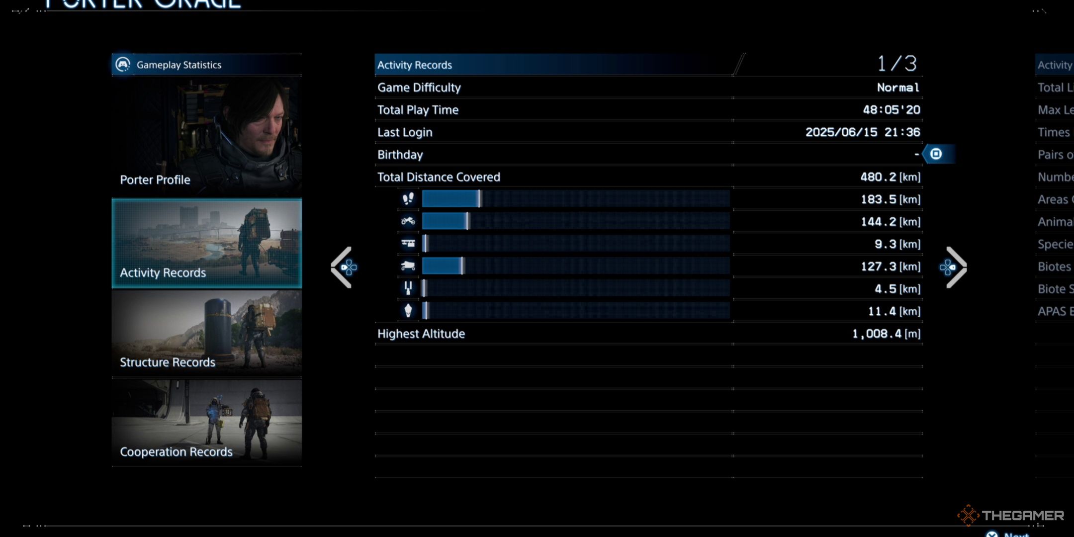 Screen displaying total overall playtime for the campaign in Death Stranding 2. 