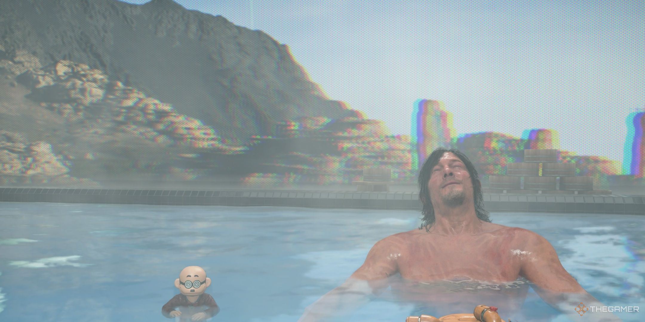Сэм и Доллман отдыхают в горячем источнике в Death Stranding 2. 