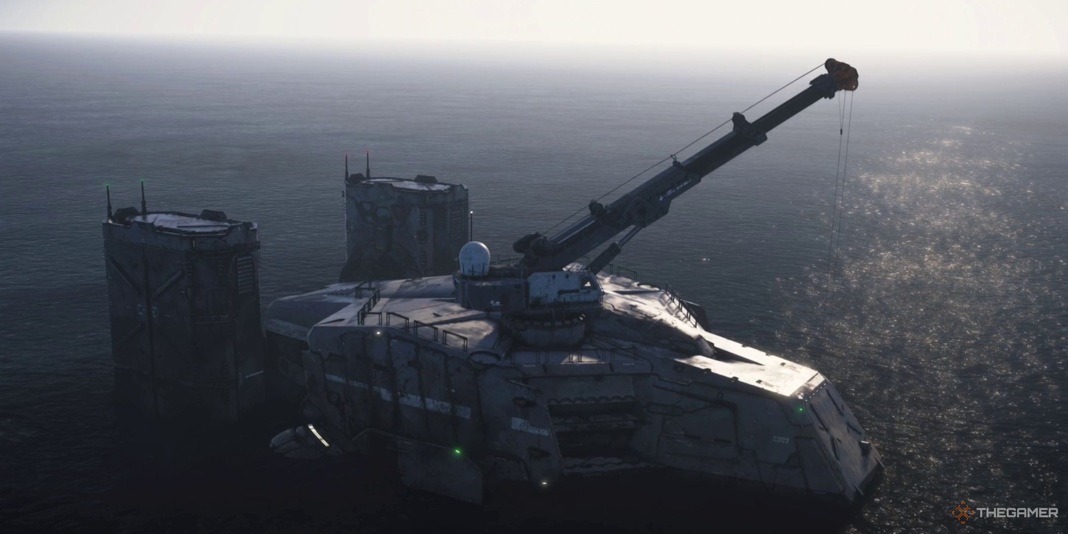DHV Magellan сверху, плывущий по битумному океану в Death Stranding 2. 