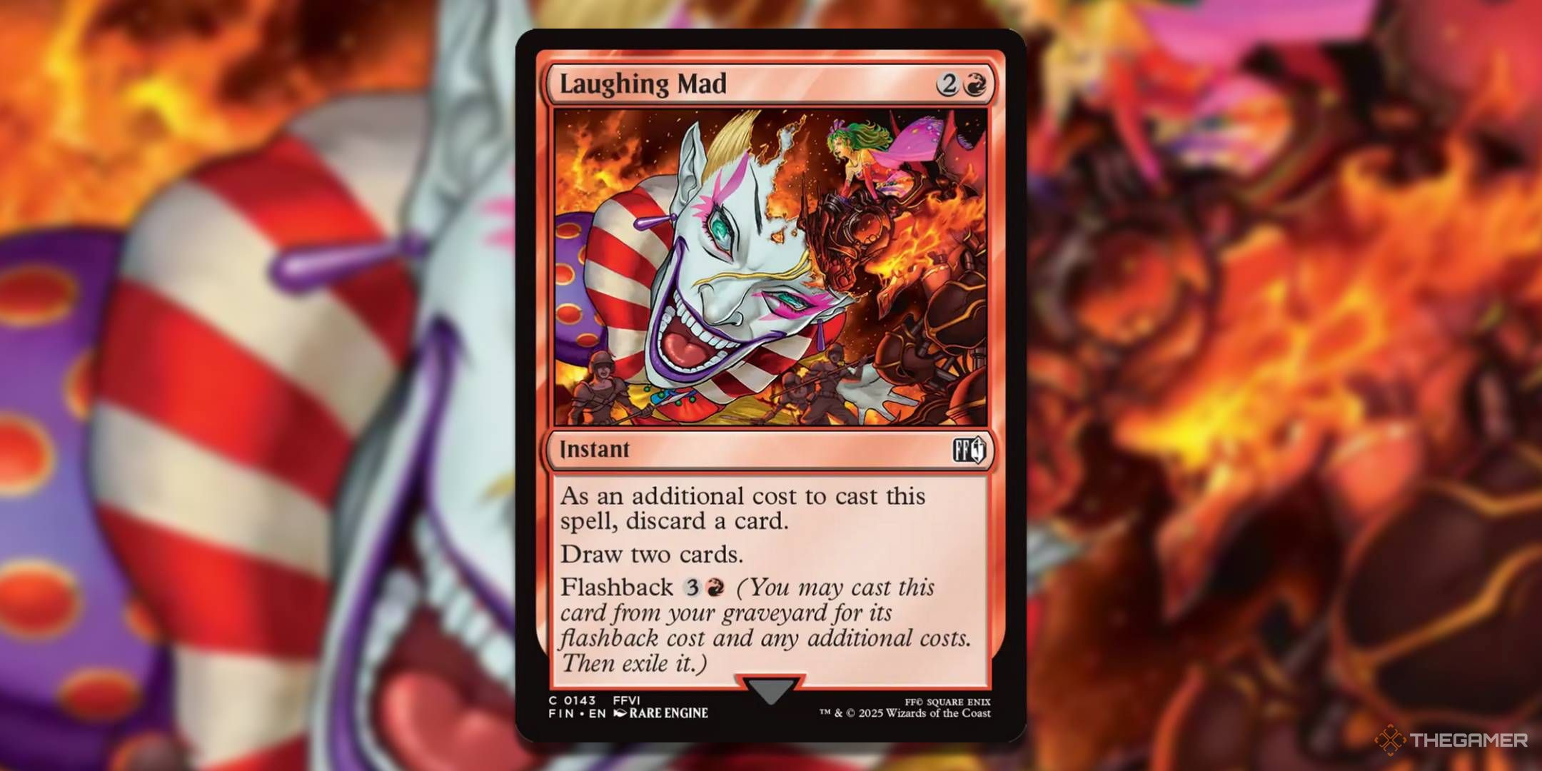 MTG Laughing Mad card with the art in the background.