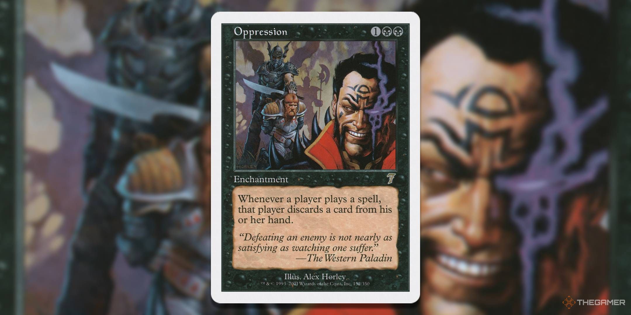 MTG Oppression card with the art in the background.