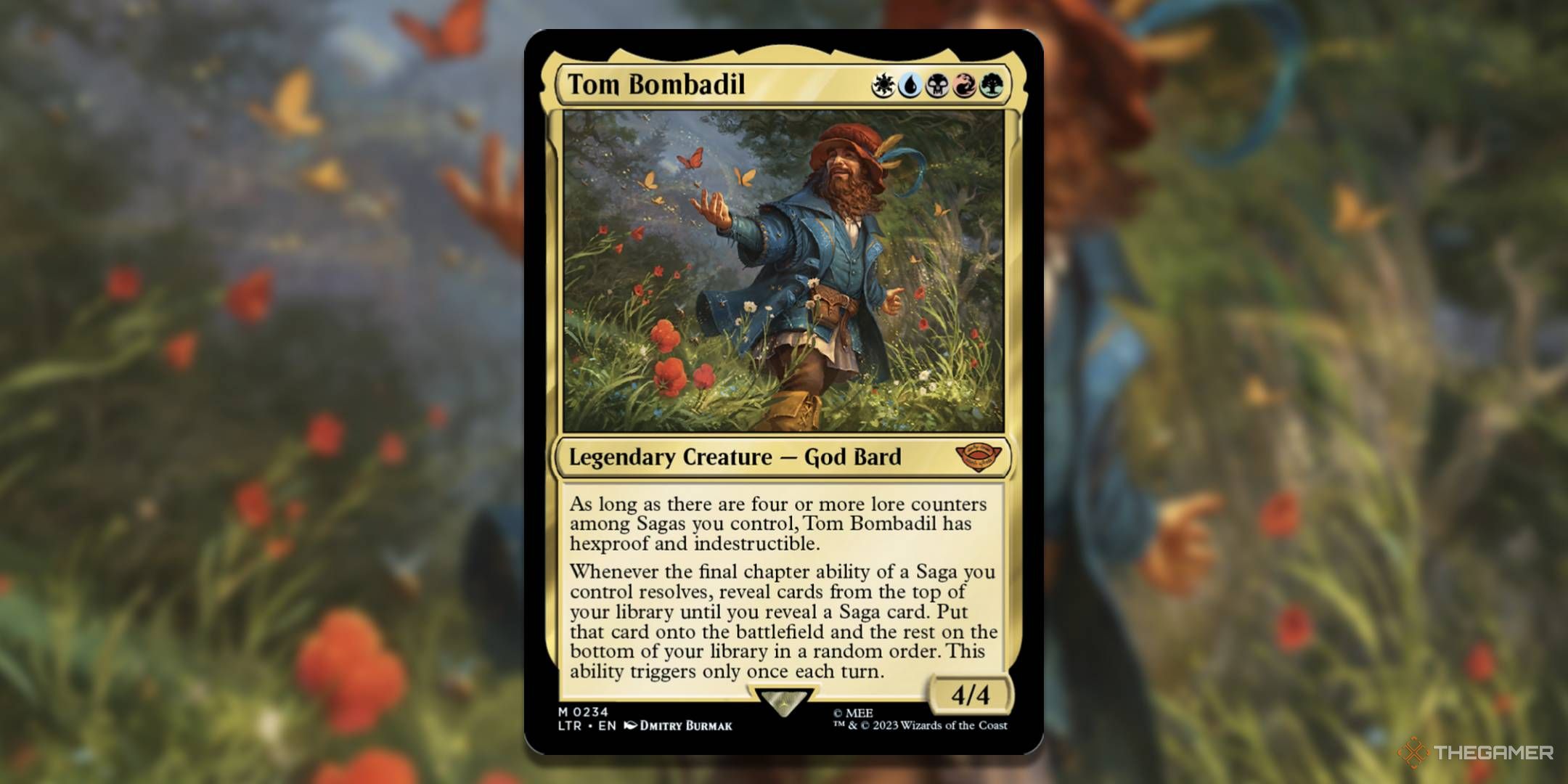 MTG Tom Bombadil card with the art in the background.