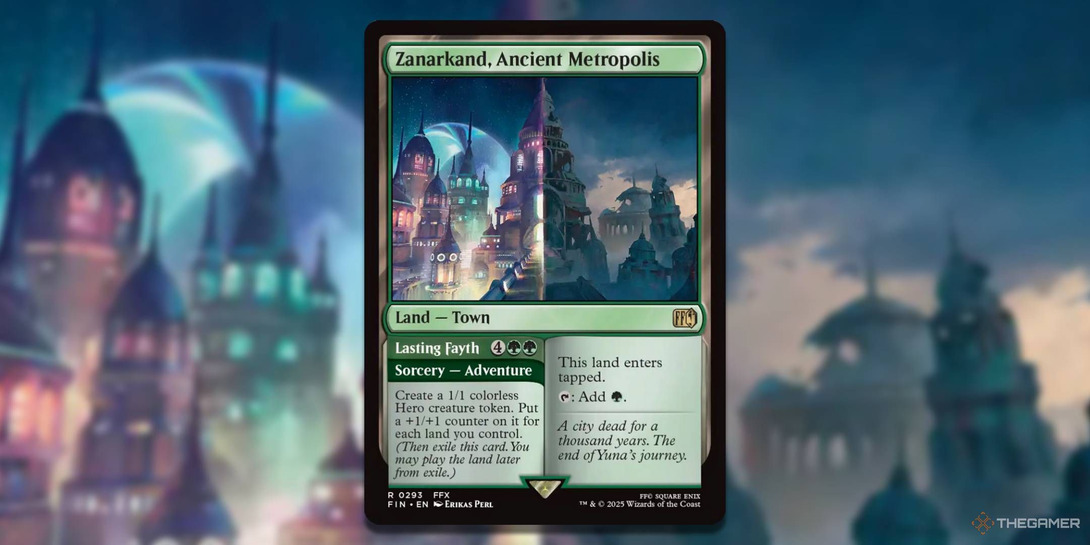 MTG Zanarkand, Ancient Metropolis card with the art in the background.