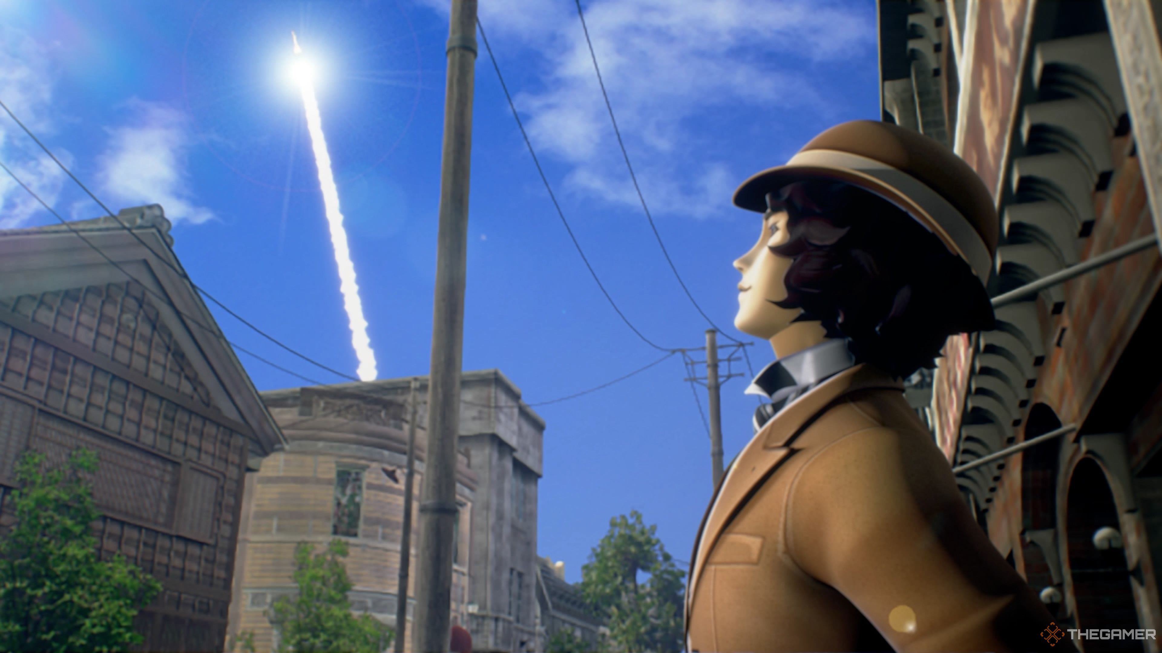 Наруми наблюдает за взлетом ракеты в Raidou Remastered: The Mystery of the Soulless Army.