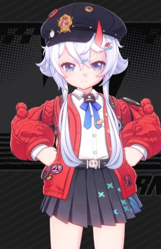 Neverness To Everness, child with a black hat and red jacket, small blue tie.