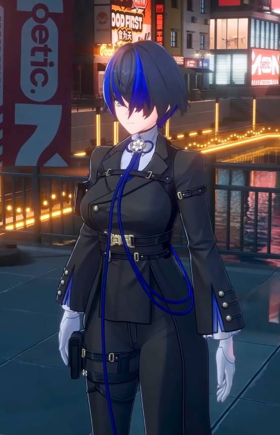 Neverness To Everness, Daffodil, wearing a back suit with blue streaks in hair.