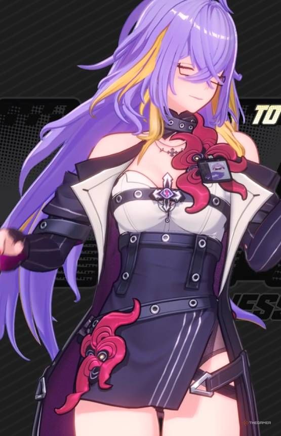 Neverness To Everness, Fadia character, with bright purple hair, black jacket.