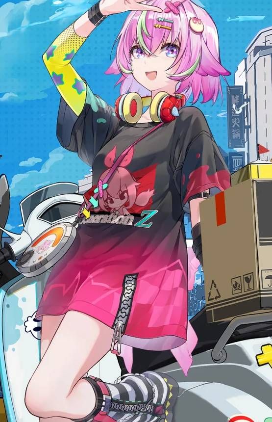 Neverness To Everness, Haniel character, short pink hair, headphones and a large t-shirt.