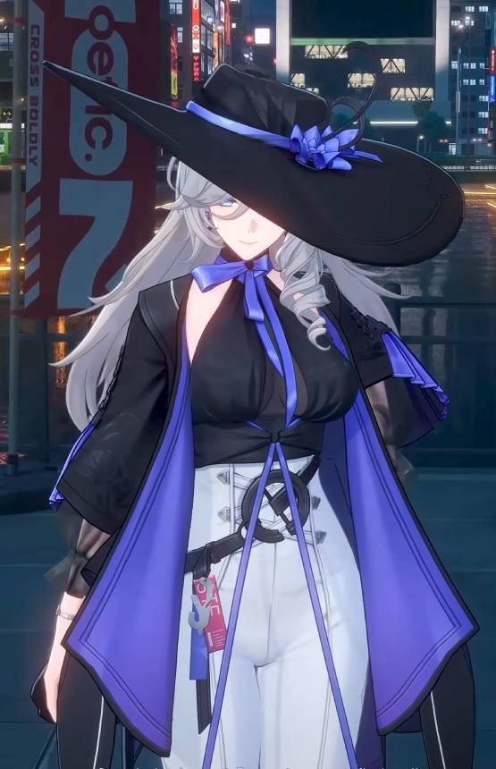 Neverness To Everness, Jiuyuan character, large wide-brimmed hat and coat with blue in-seam.