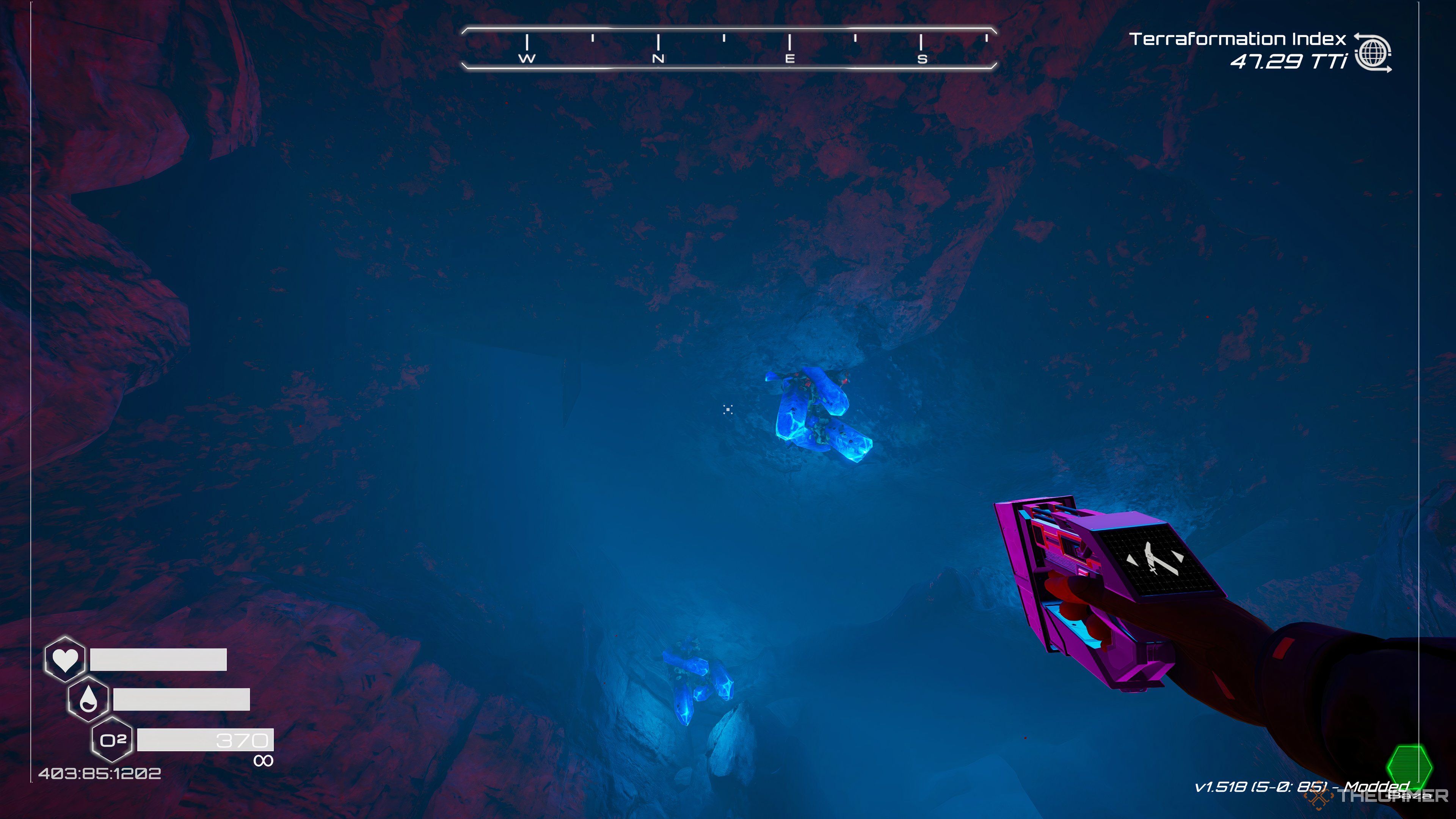 Osmium on cave ceiling in The Planet Crafter.