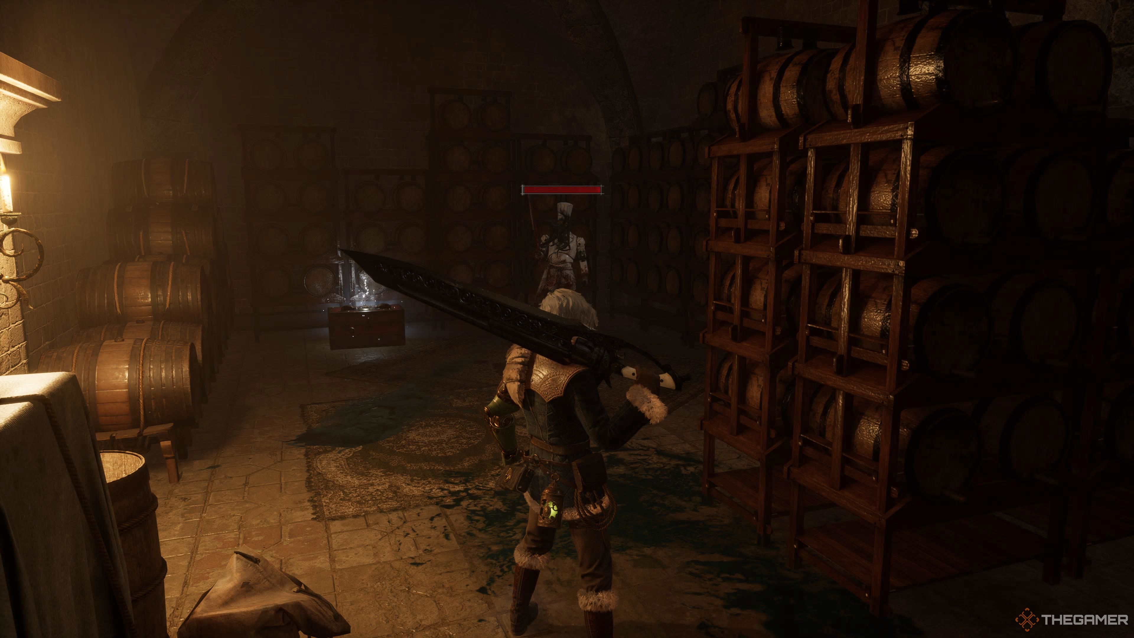 P looking at the infected chef standing next to the treasure chest in Lies Of P Overture.