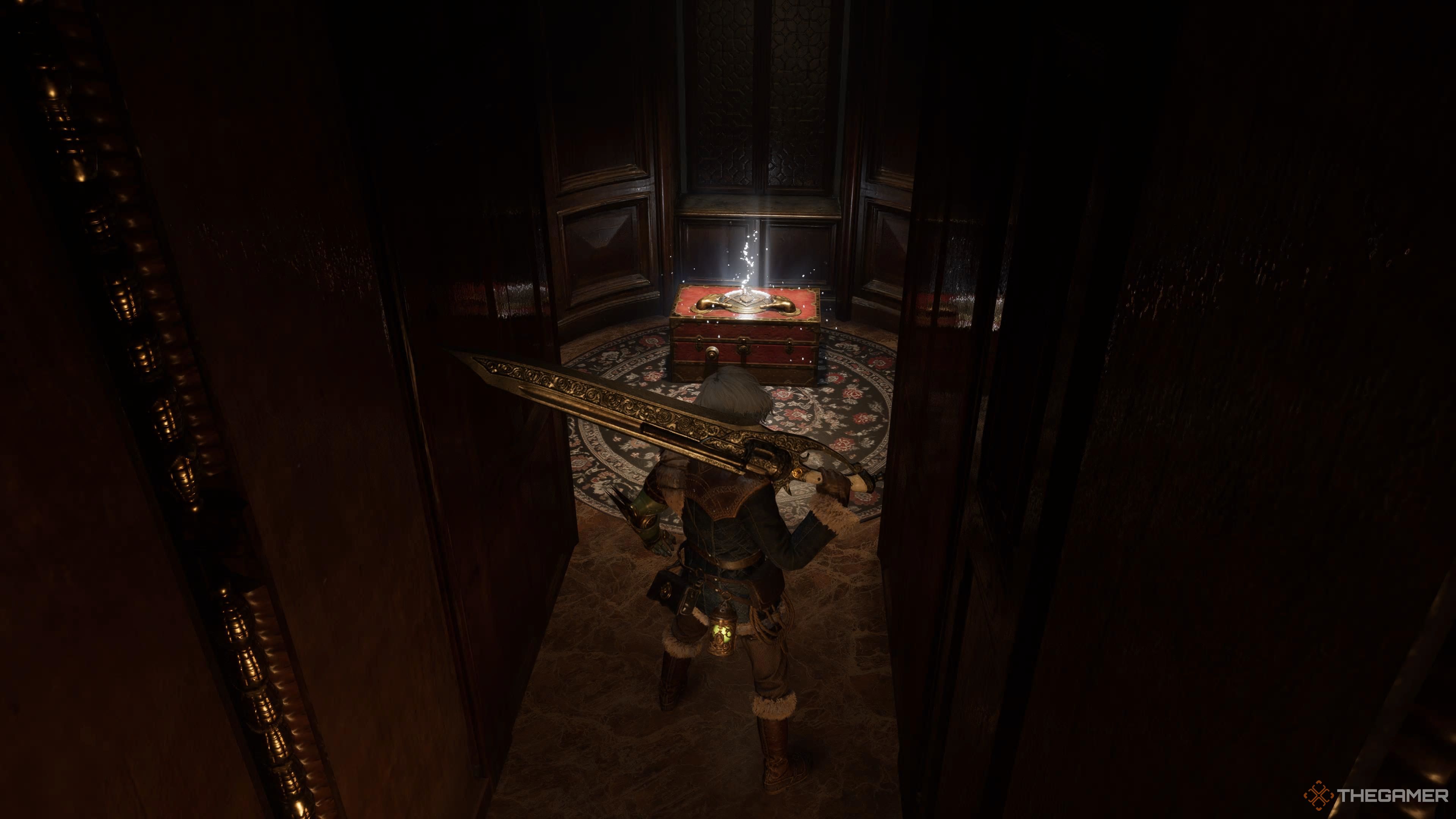 P staring at the chest in the Monad Charity Library in Lies Of P Overture.