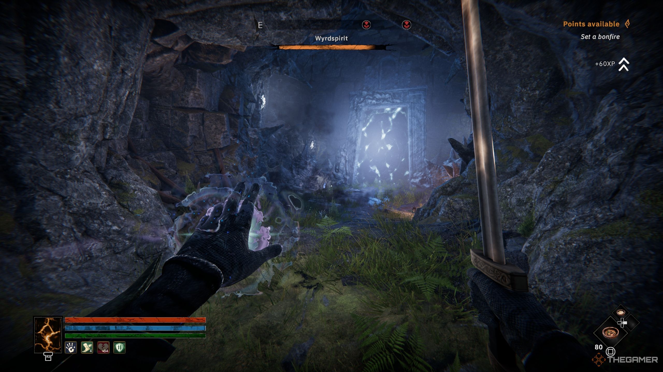 Player is standing in front of a blue portal door - Tainted Grail The Fall Of Avalon 