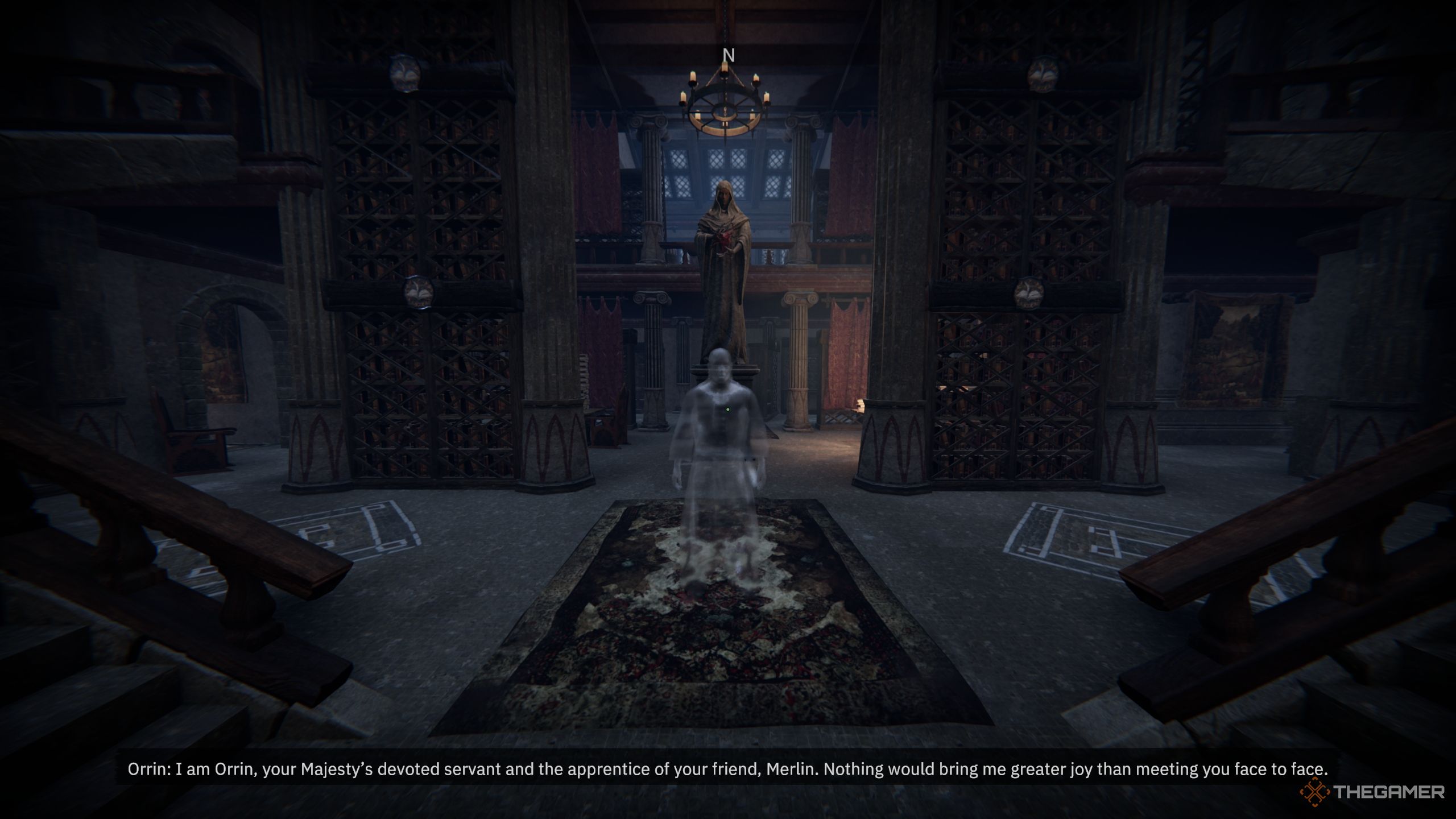 Player standing in front of Orrin ghost - Tainted Grail The Fall Of Avalon 
