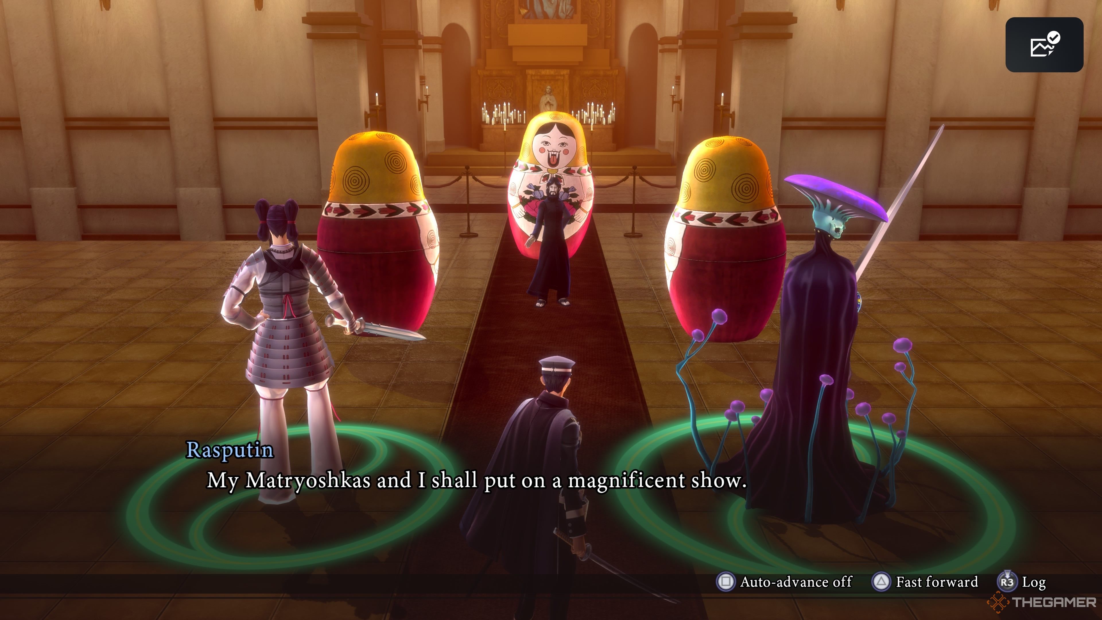 Raidou and his demons facing Rasputin and his matryoshka dolls in Raidou Remastered The Mystery of the Soulless Army.