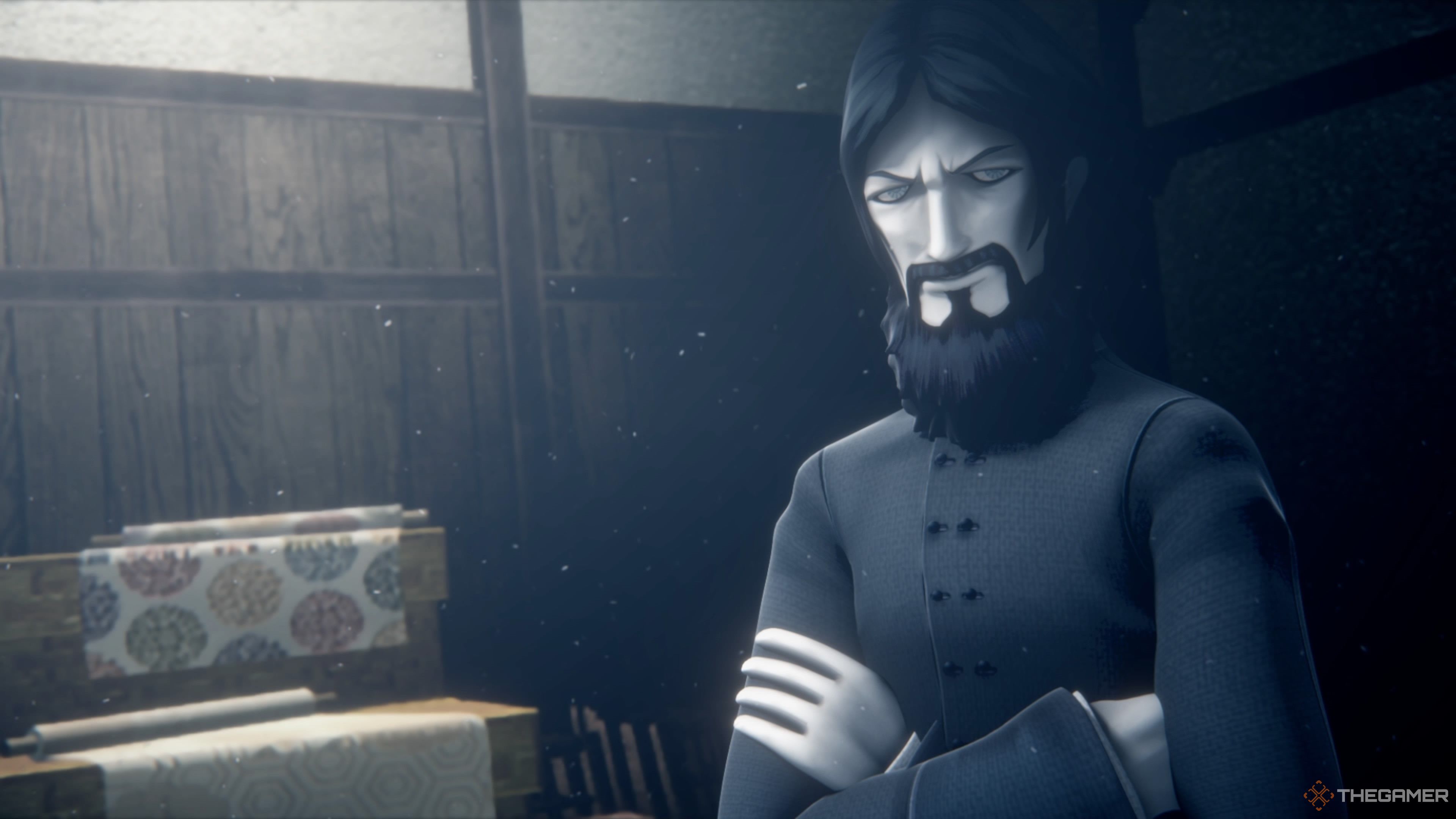 Rasputin smirking at the camera in Raidou Remastered The Mystery of the Soulless Army.