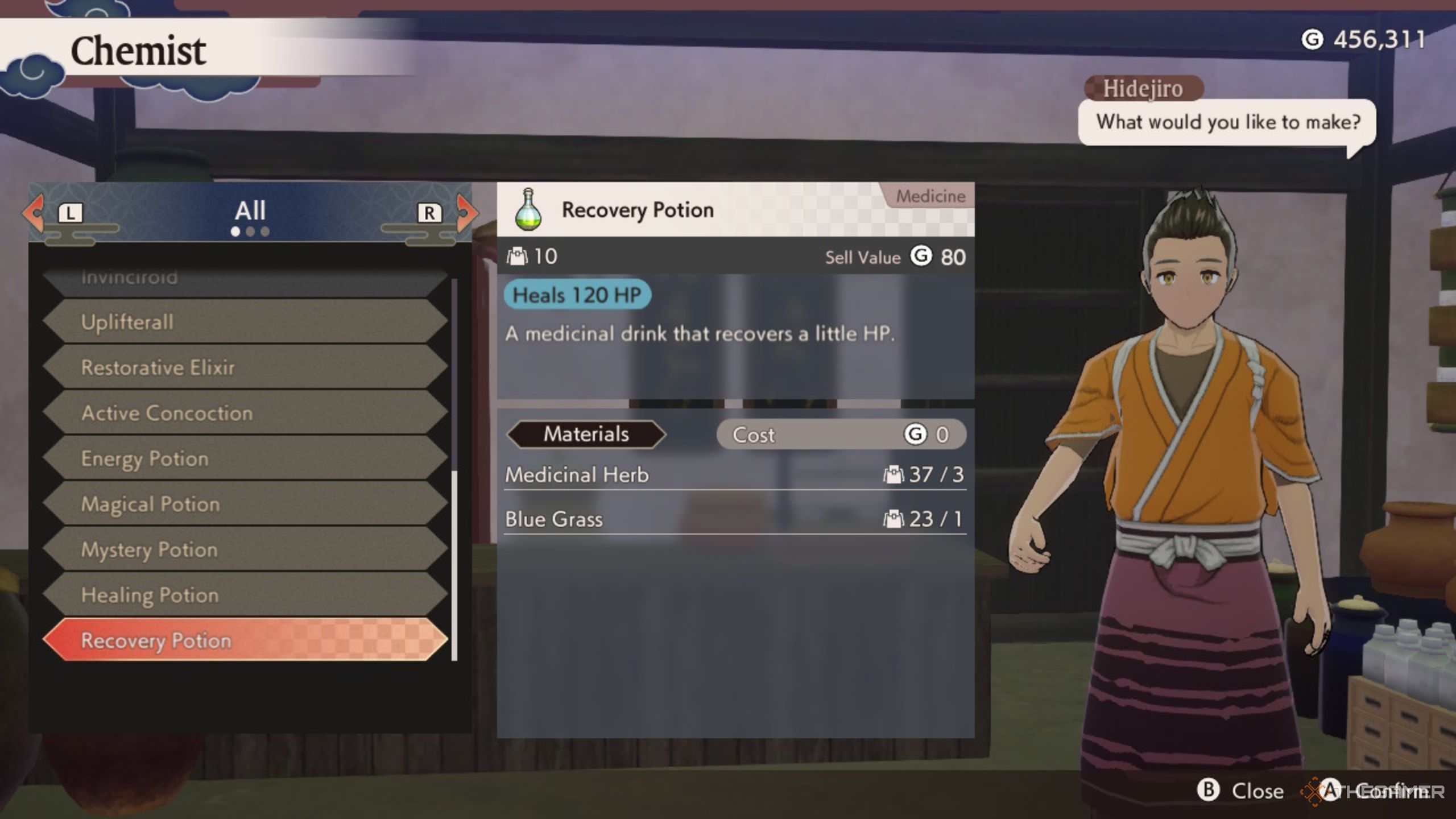 Rune Factory Guardians Of Azuma chemist screen with a bunch of potions.