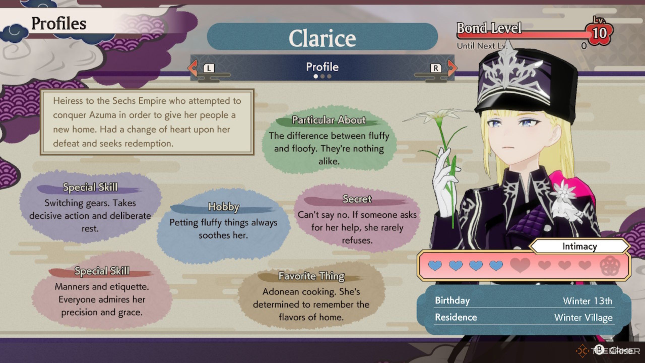 Rune Factory Guardians Of Azuma Clarice overview page with bond level ten.