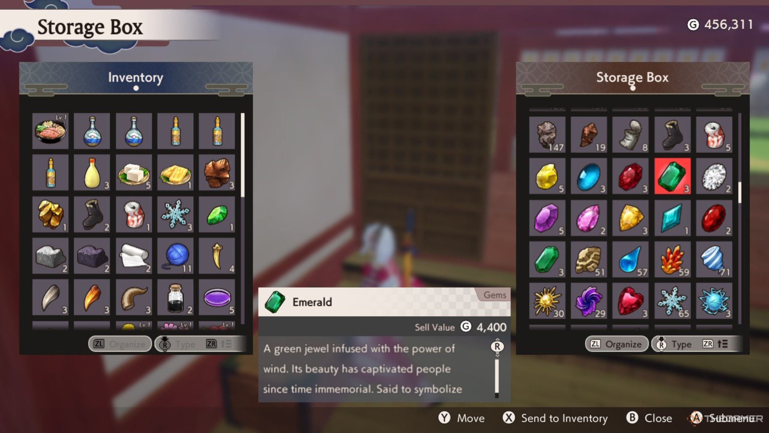 Rune Factory Guardians Of Azuma emerald with other gemstones in storage box.