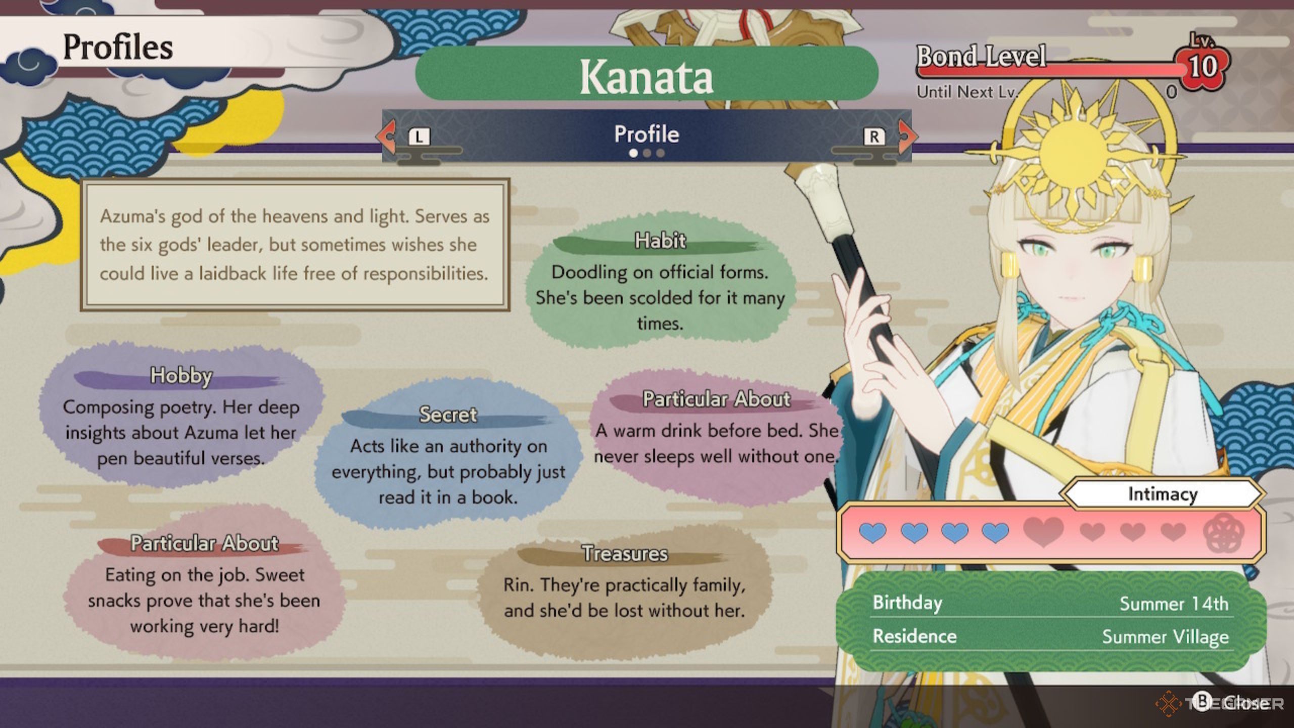 Rune Factory Guardians Of Azuma Kanata overview screen with all likes and dislikes.