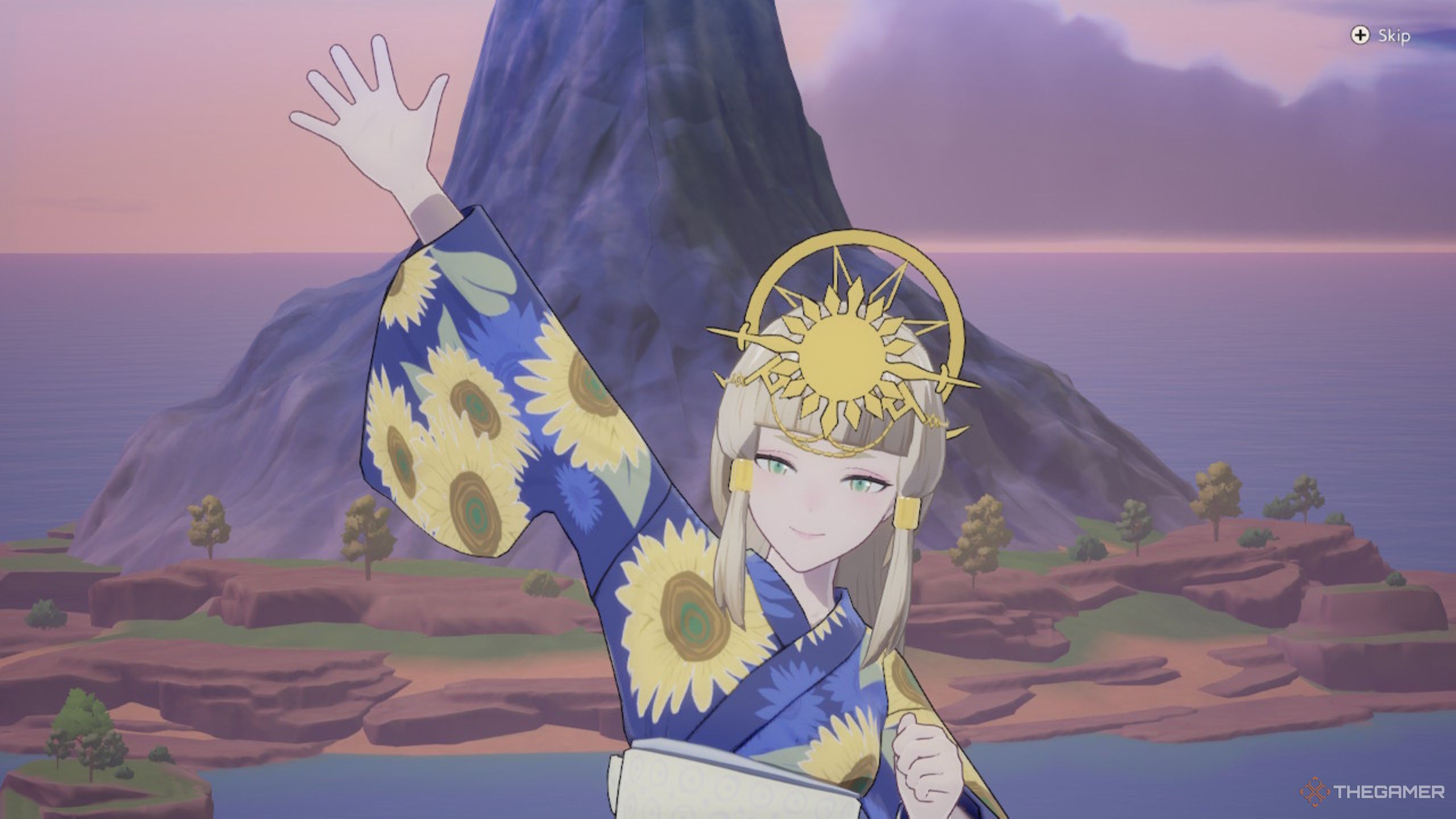 Rune Factory Guardians Of Azuma Kanata posing in front of the mountain.