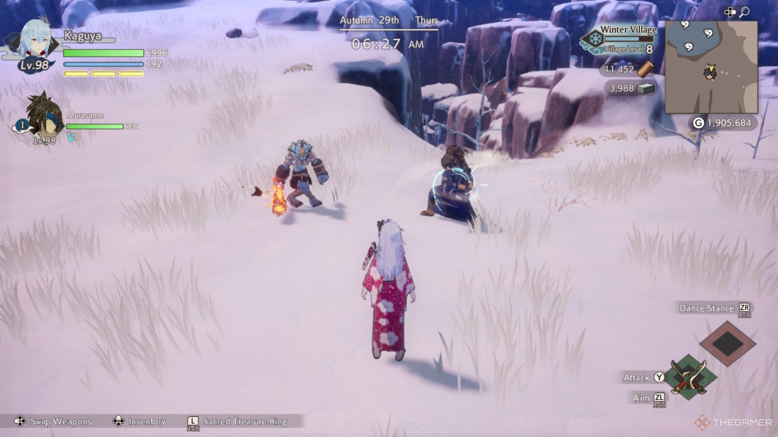 Rune Factory Guardians Of Azuma Murasame fighting oni enemy.
