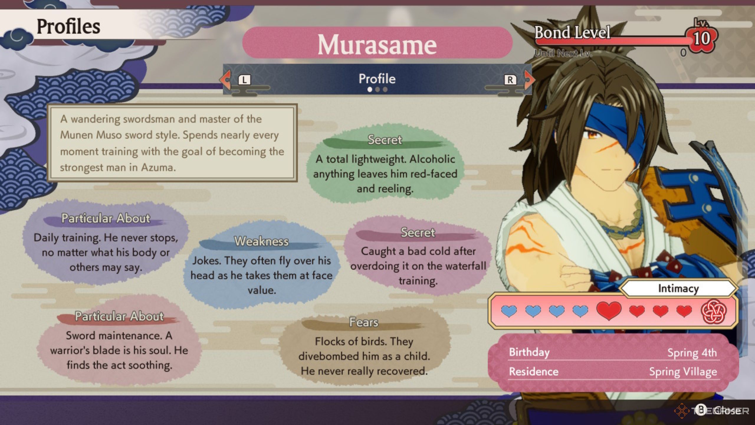 Rune Factory Guardians Of Azuma Murasame overview screen at bond ten.