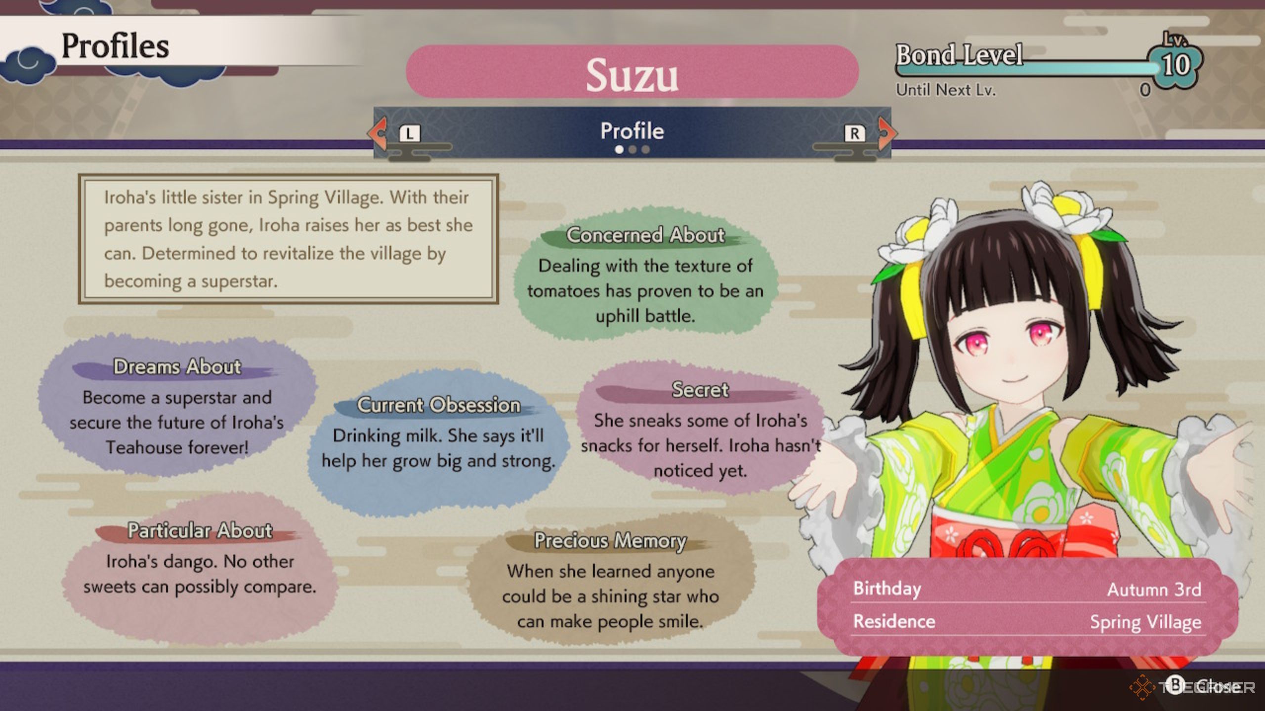Rune Factory Guardians Of Azuma Suzu overview screen with bond level ten.