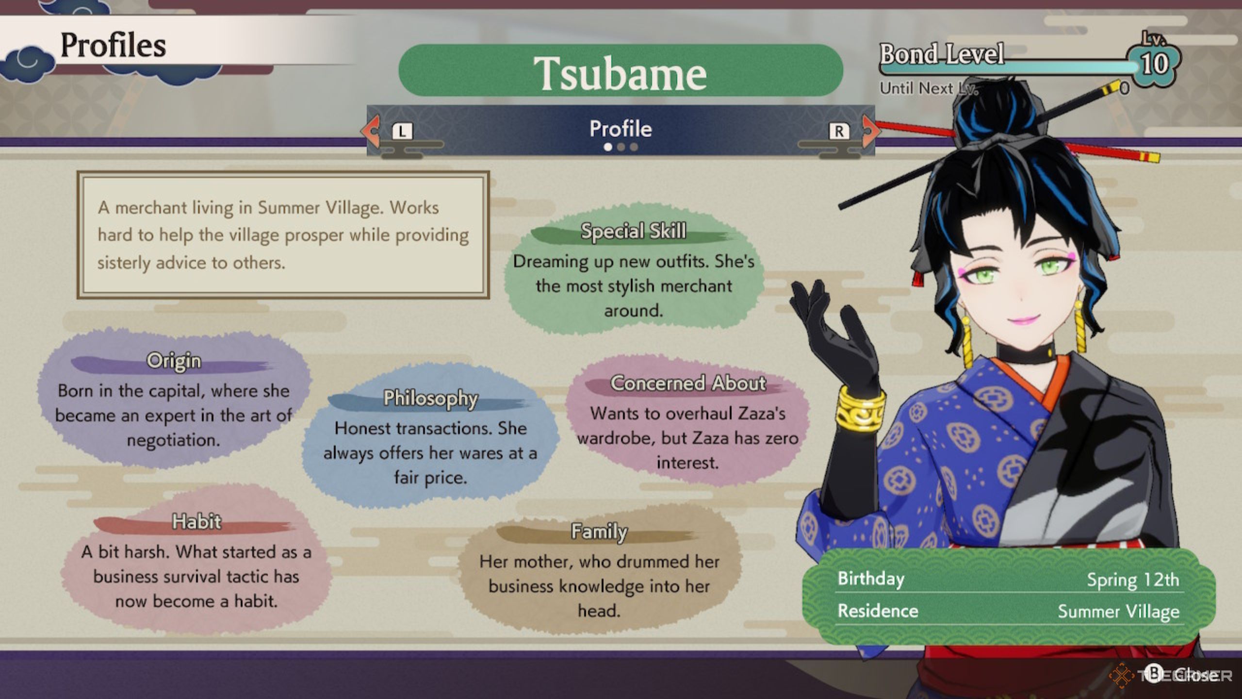 Rune Factory Guardians Of Azuma Tsubame overview with bond level ten.