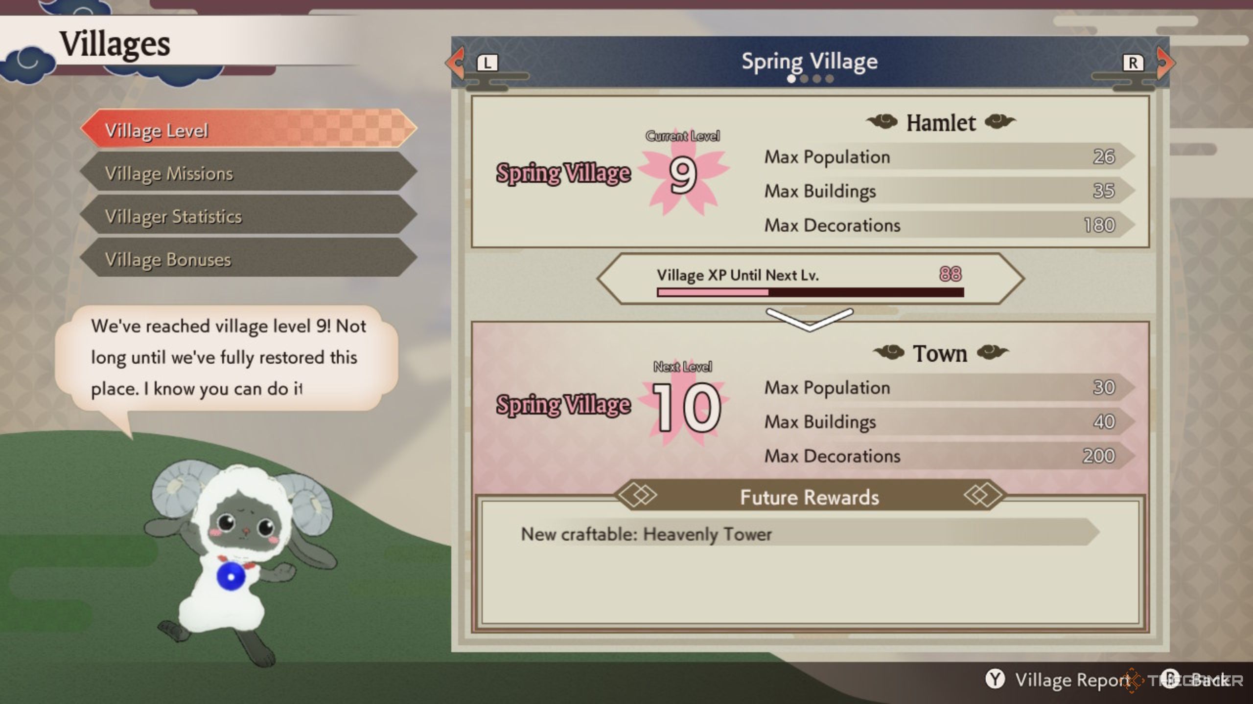 Rune Factory Guardians Of Azuma village level up screen.