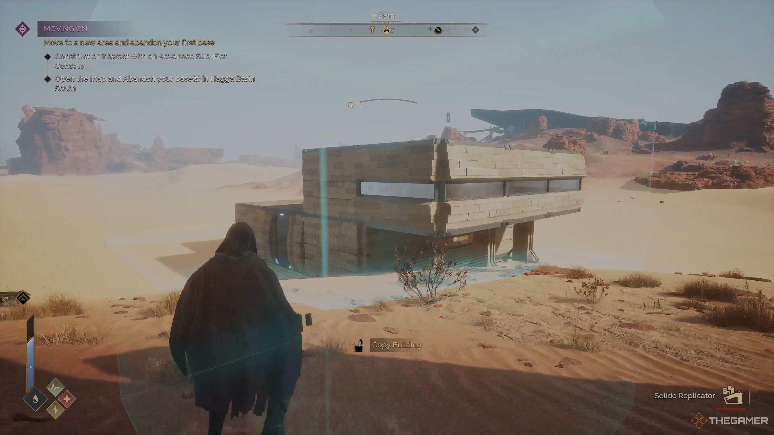 A player character building a Sub-Fief in Dune: Awakening. 