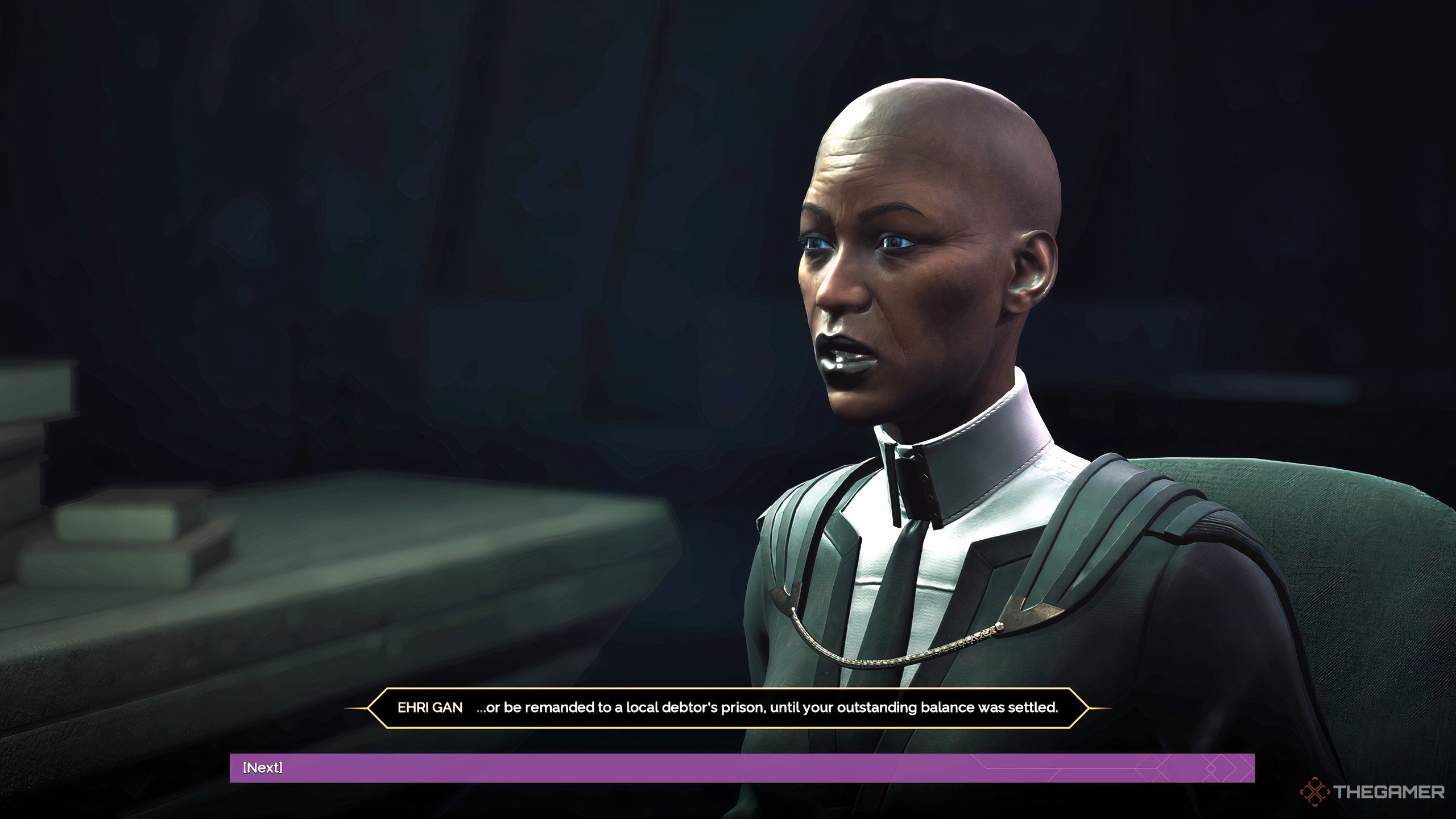 An imperial representative in dark armor talking to a player character about taxes in Dune: Awakening.