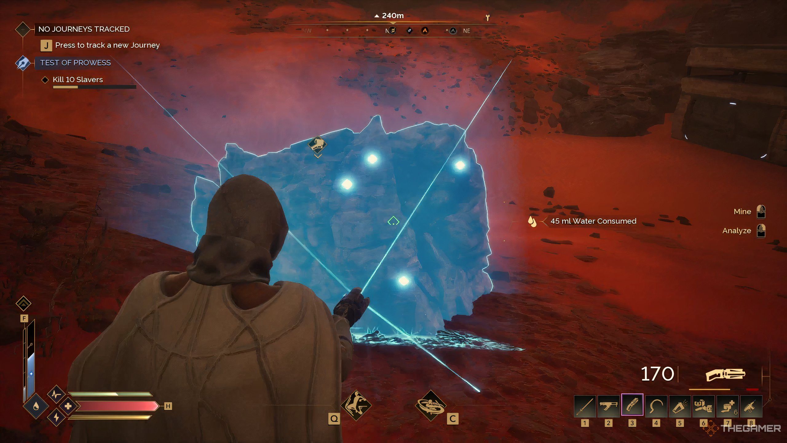 A player character mines for ore in Dune: Awakening. 
