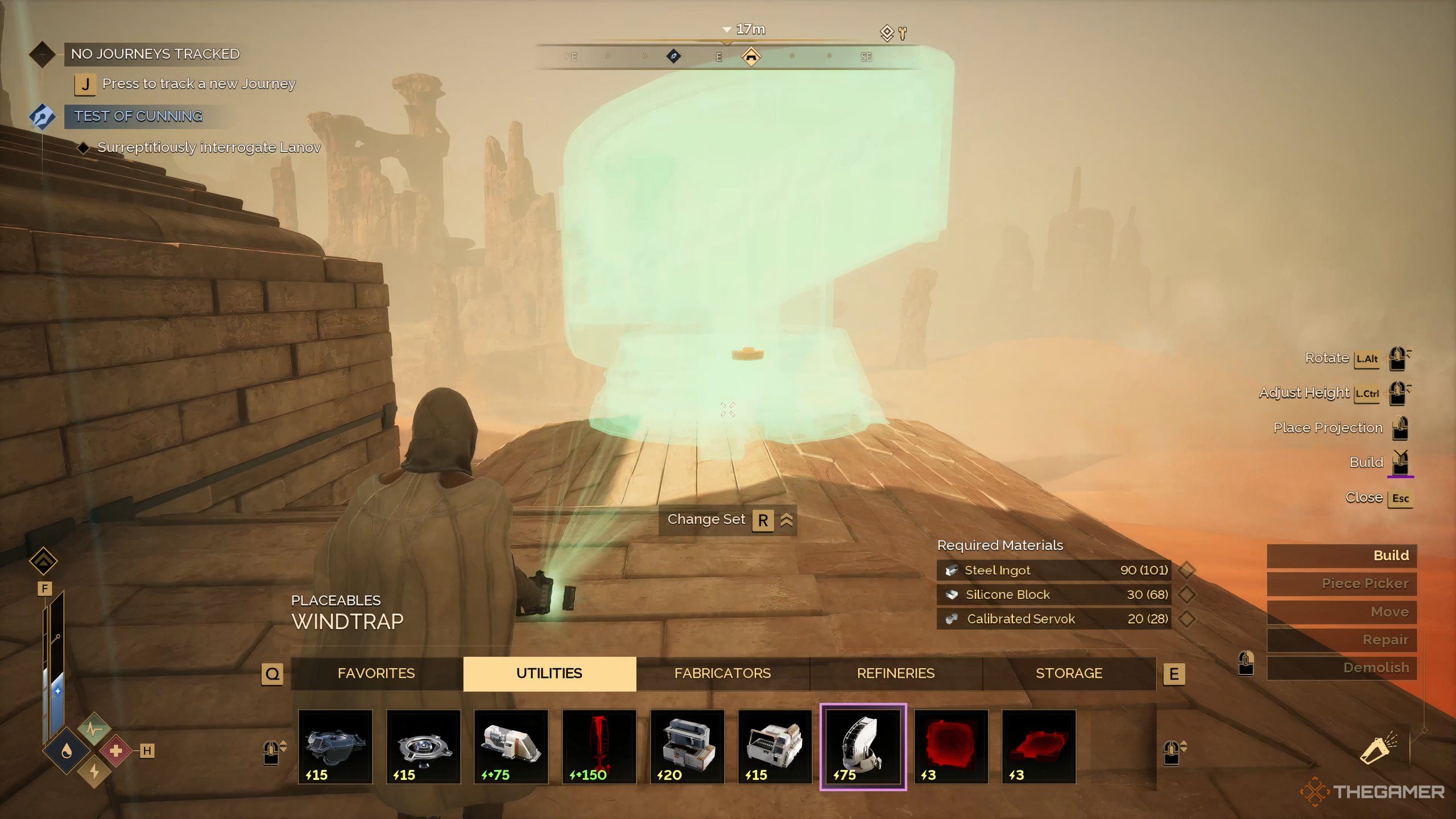 Игрок строит ветряной водосборник в Dune: Awakening на вершине своего суб-фьефа.
