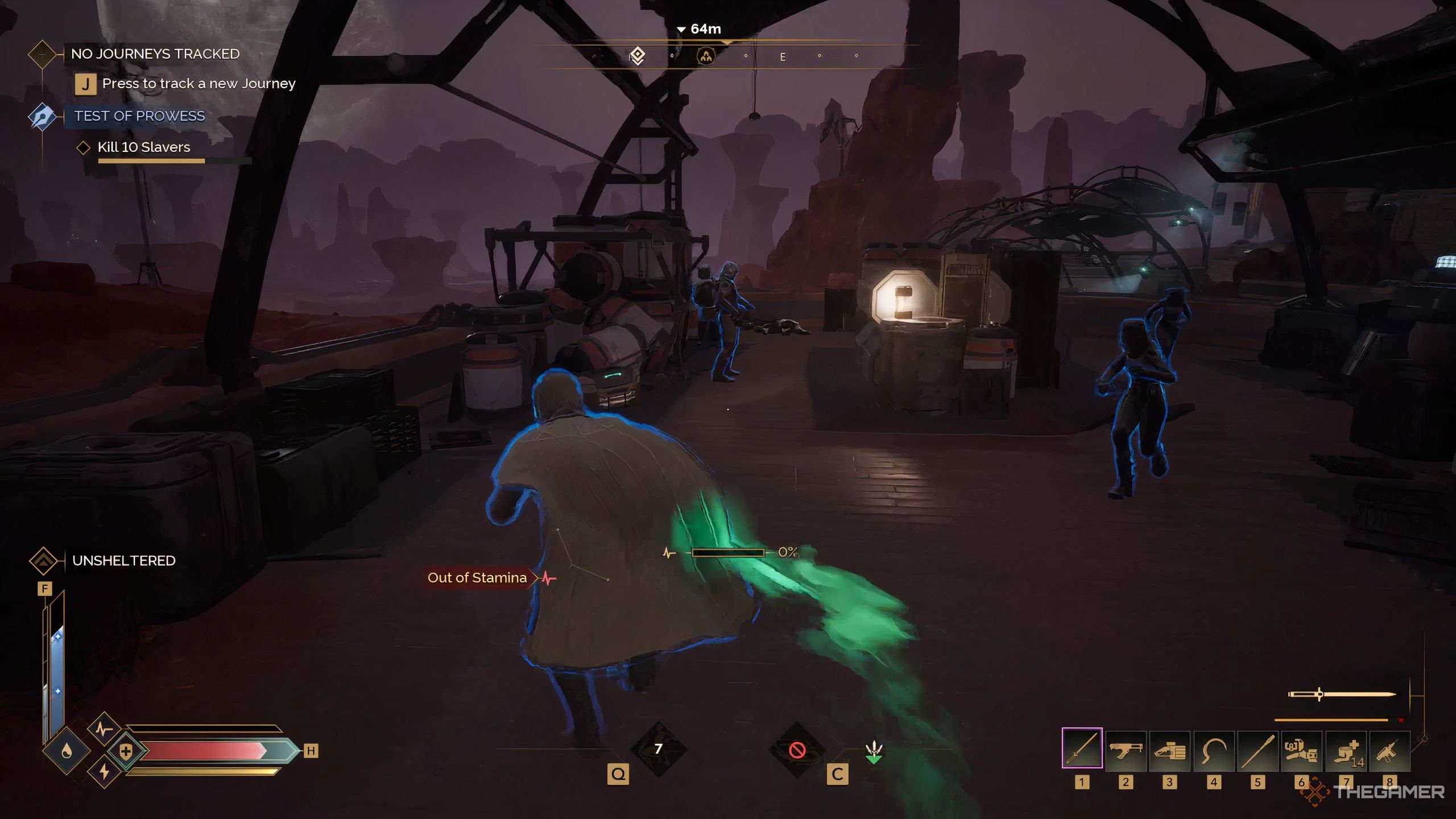 A player character fights slavers in an Intel base in Dune: Awakening.