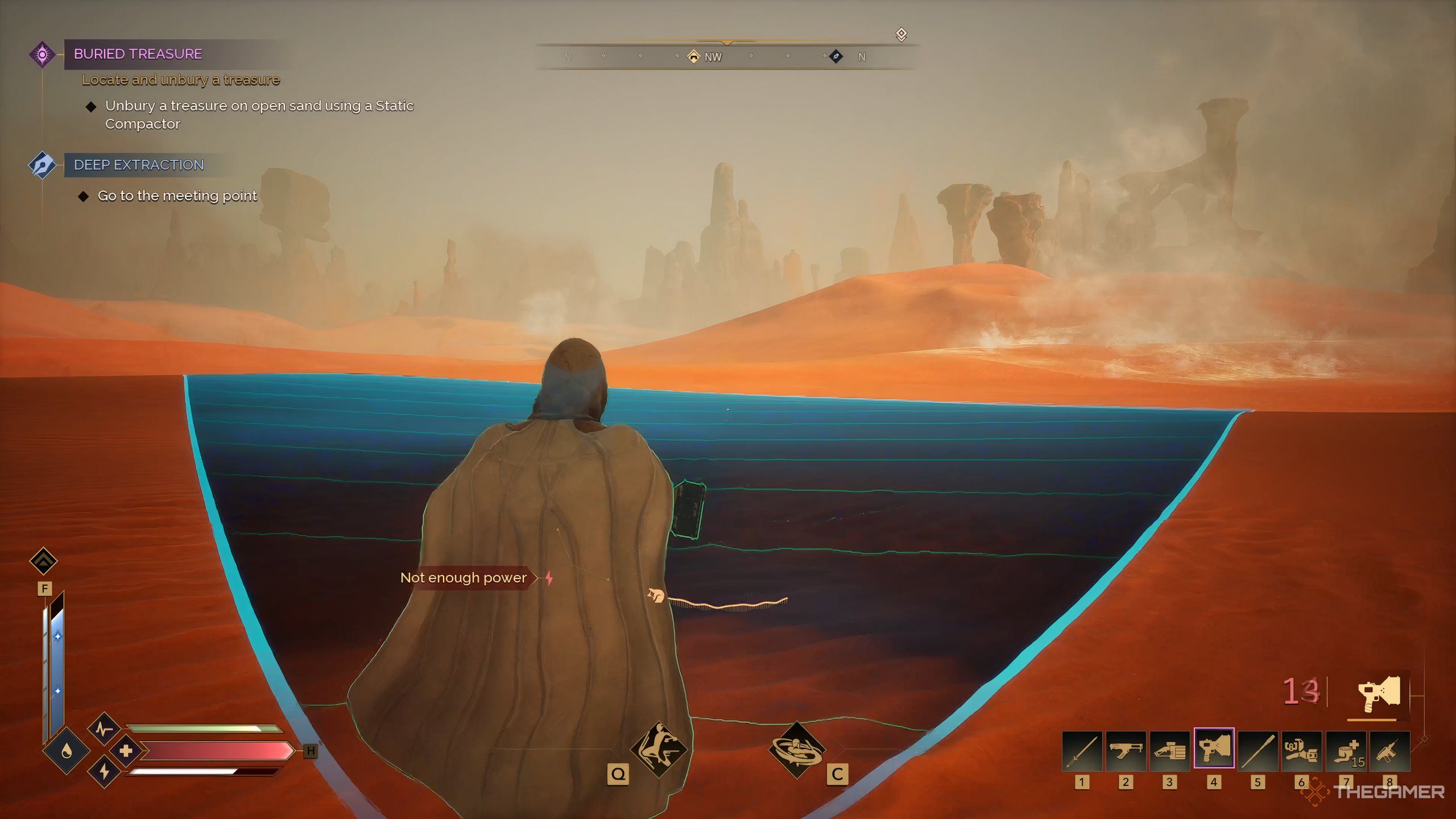 A player character using a resource scanner on the open sands in Dune: Awakening.