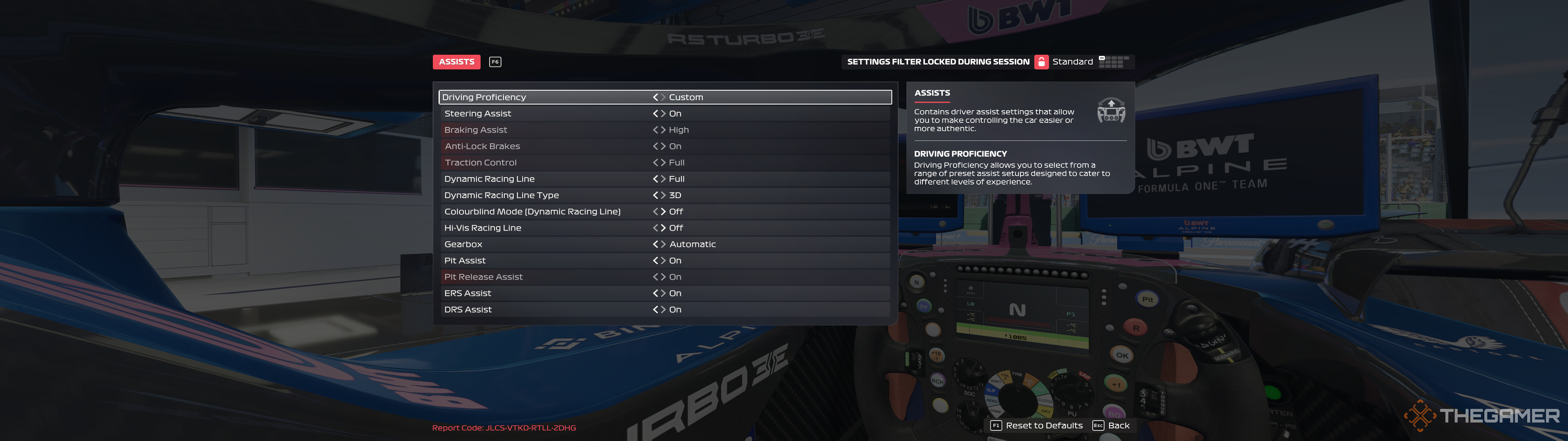 Driving assist menu in F1 25.