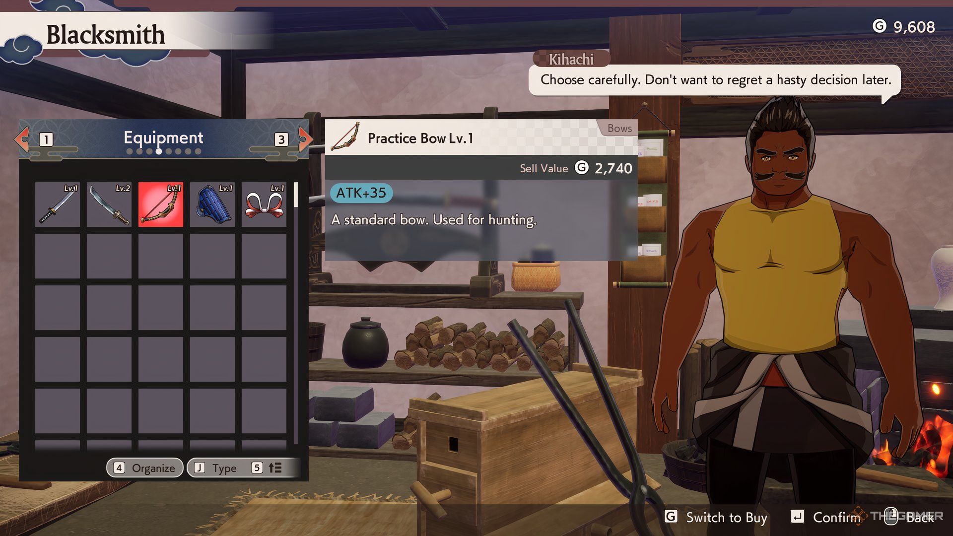 The Gear menu is shown at the Blacksmith in Rune Factory: Guardians of Azuma.
