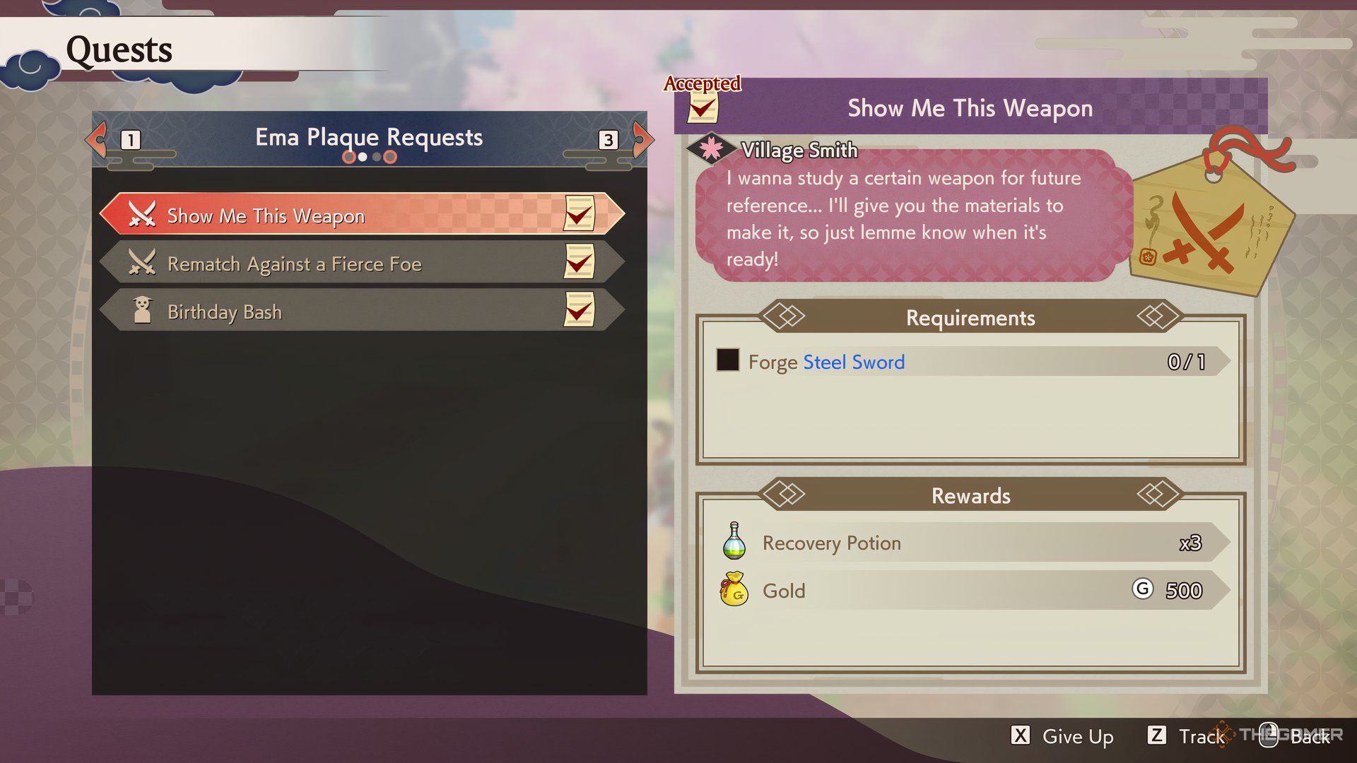 The quest menu is shown in Rune Factory: Guardians of Azuma.