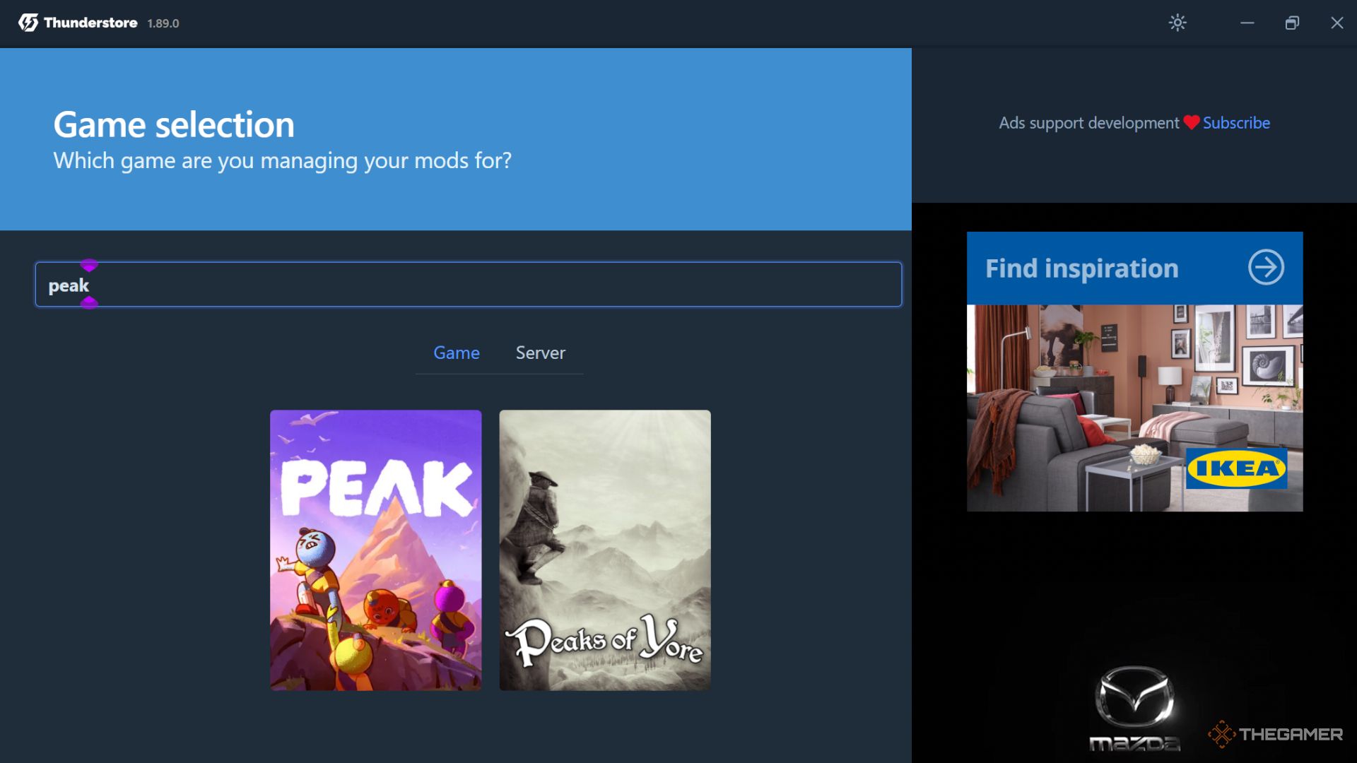 Searching for Peak in the Thunderstore app