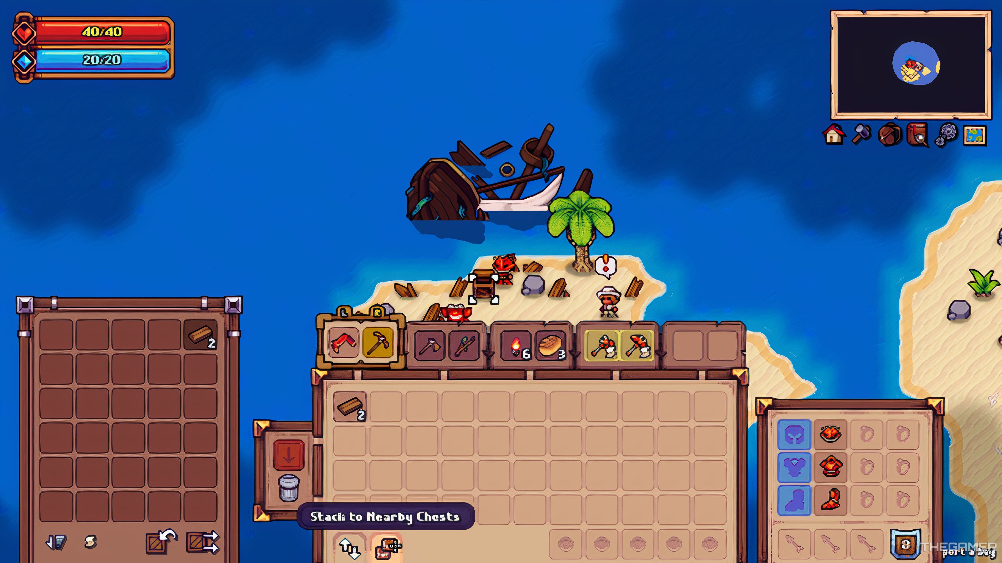 Stack To Nearby Chests floating text above open Inventory Window in Tinkerlands.