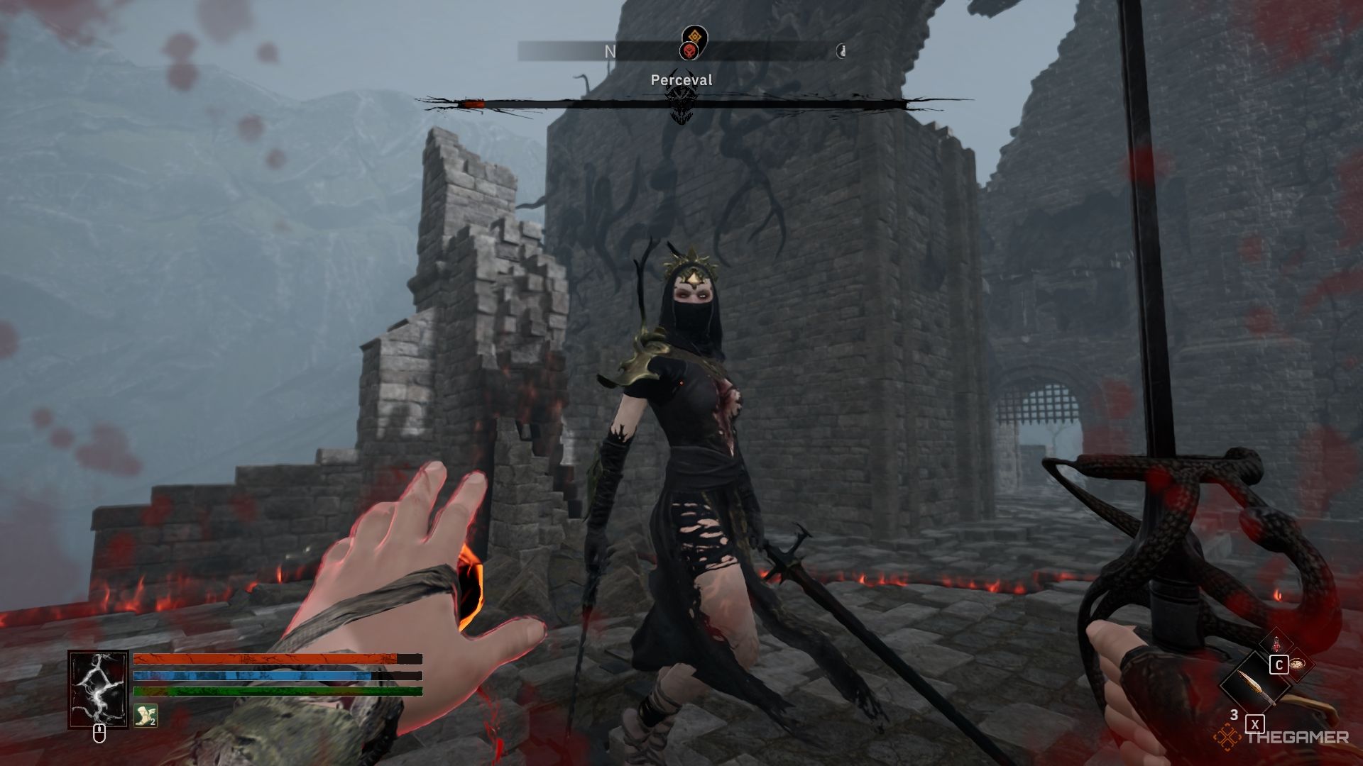 Fighting Perceval in the ruins.