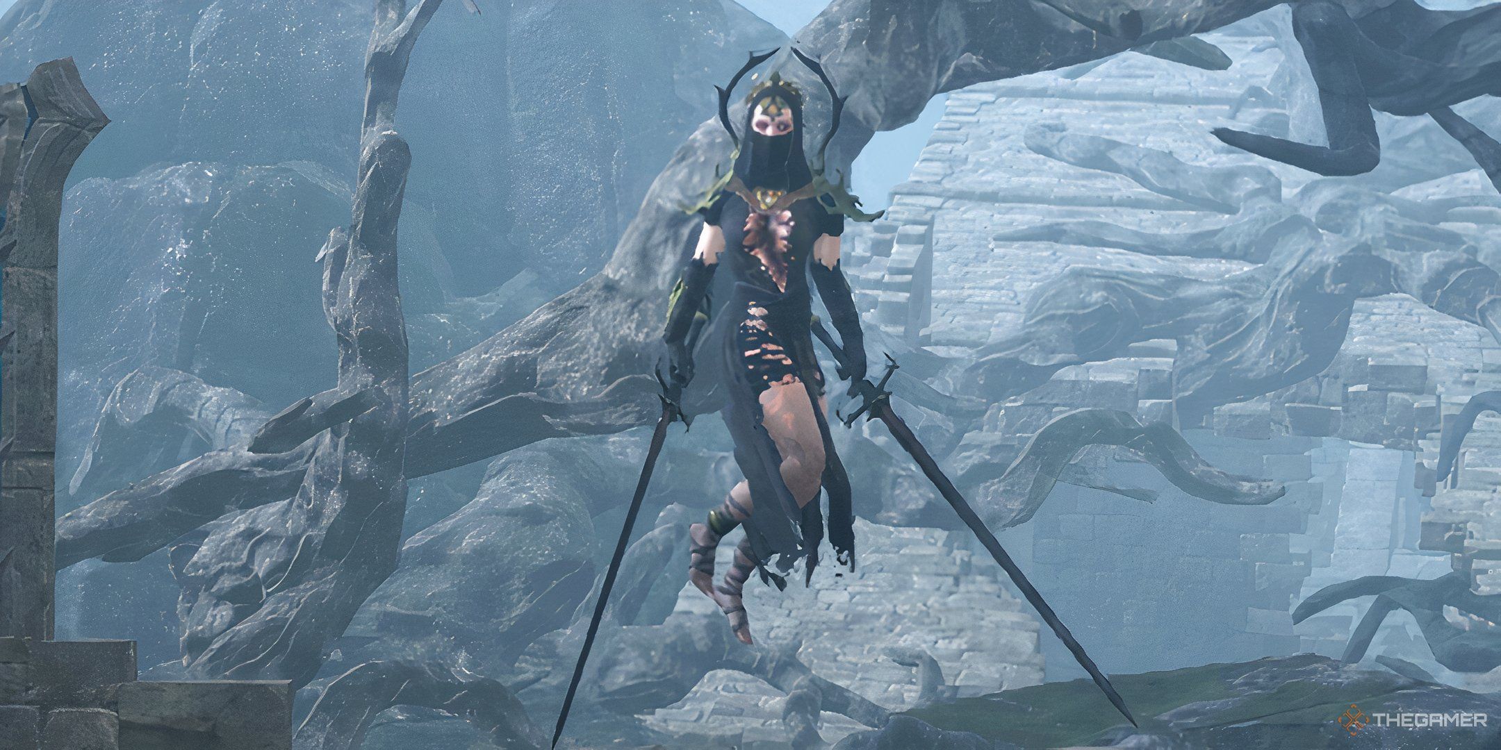 Perceval rising into the air, dual-wielding twin greatswords.