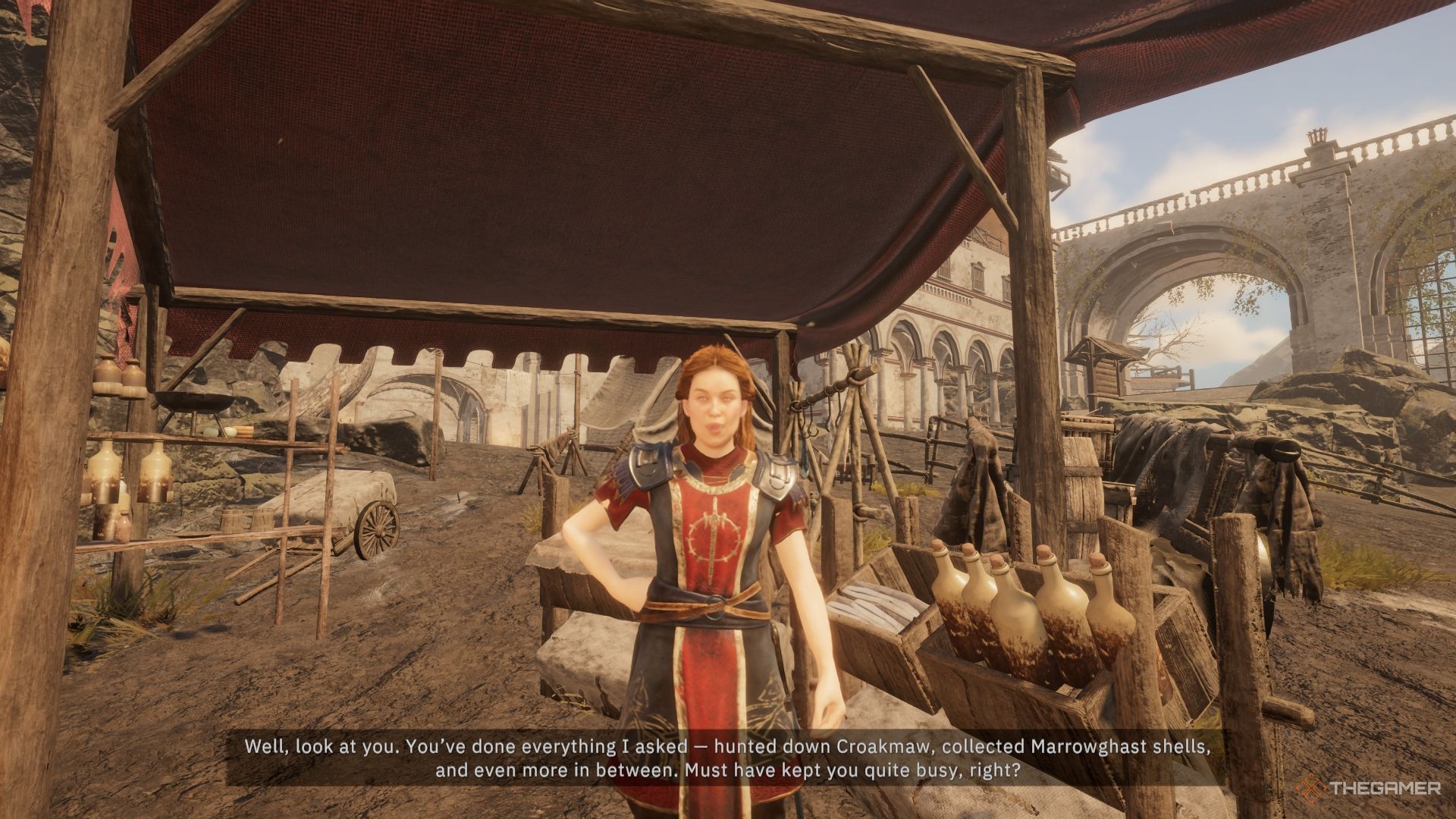 Sine is grateful you completed all her tasks, smiling in the sun by her stall.