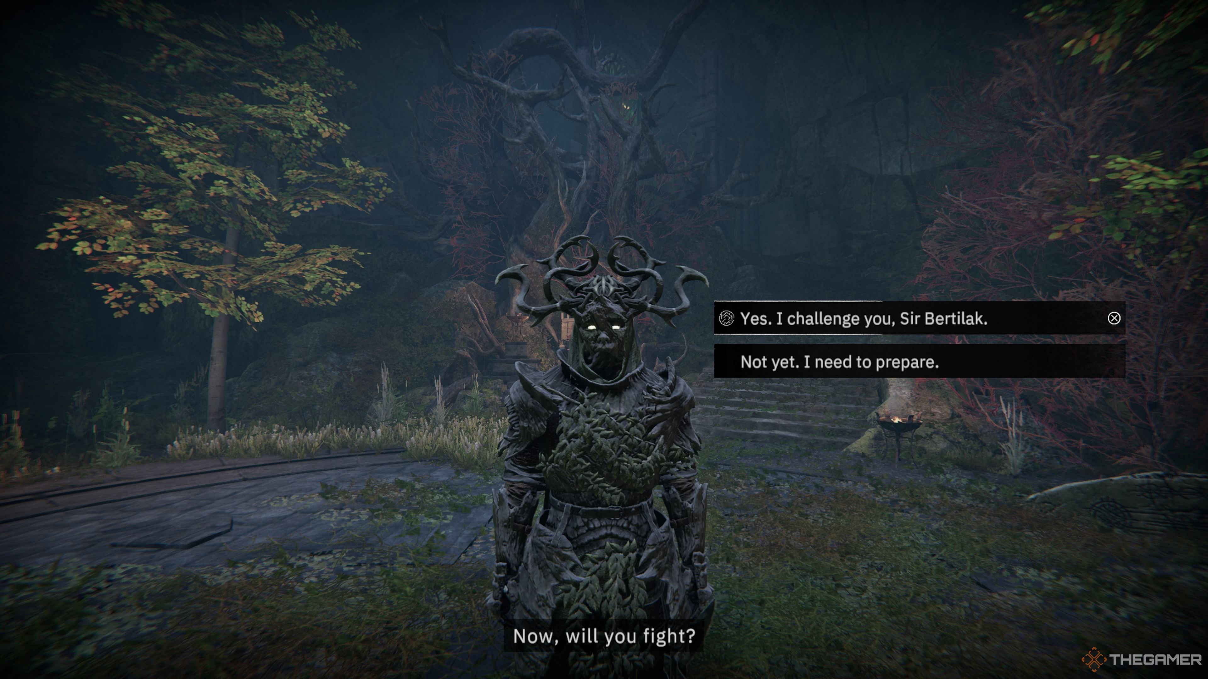 Player character challenging a knight in horned armor named Sir Bertilak to a duel in Sir Gawain's tomb in Tainted Grail: The Fall Of Avalon.