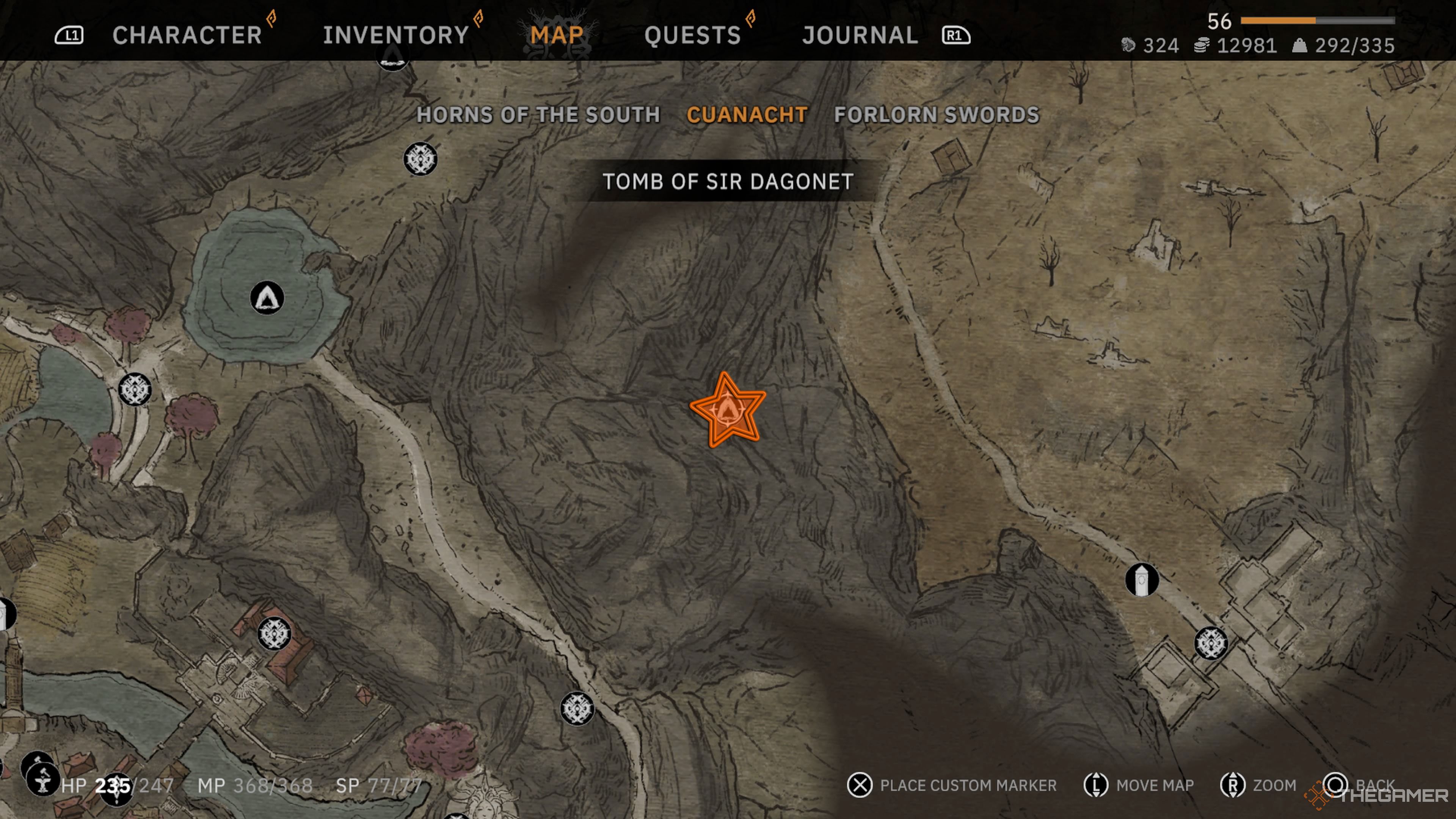 Close up view of a region in northern Cuanacht with an orange star edited onto the Tomb of Sir Dagonet's location in Tainted Grail: The Fall Of Avalon.