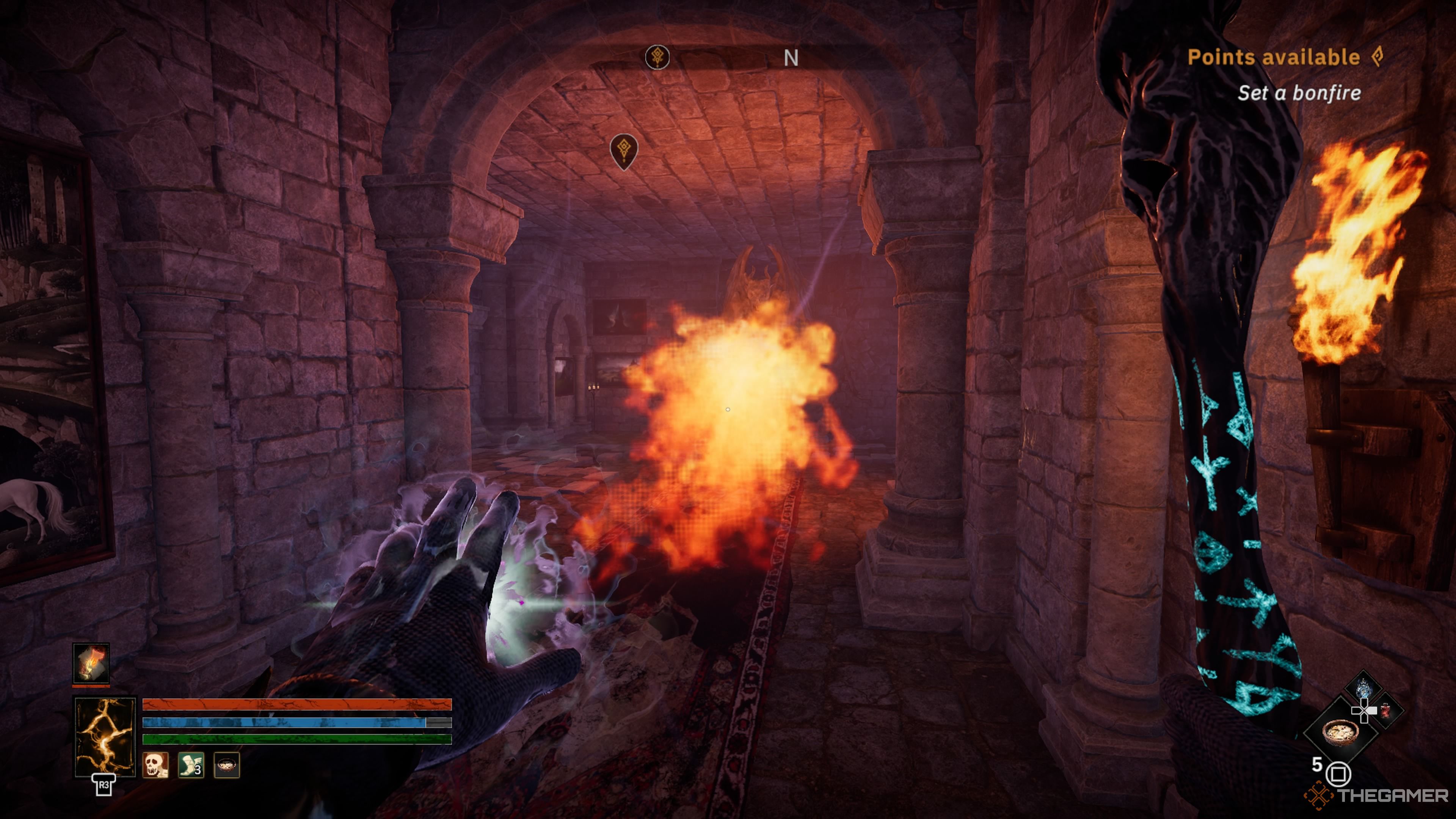 Player character standing a safe distance away from a Gargoyle spewing flames down a hall in Tainted Grail: The Fall Of Avalon.