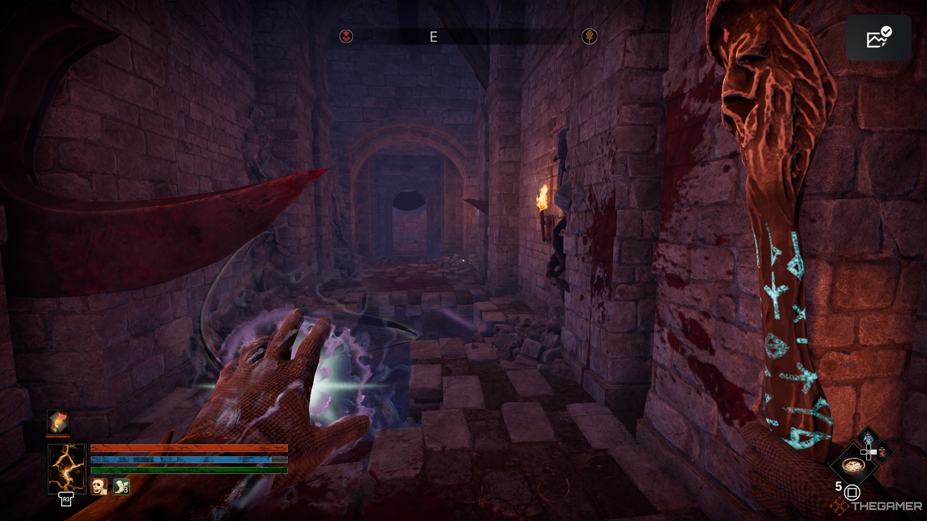Player character running down a hallway with swinging cleaver traps and a pit in front of them in Tainted Grail: The Fall Of Avalon.