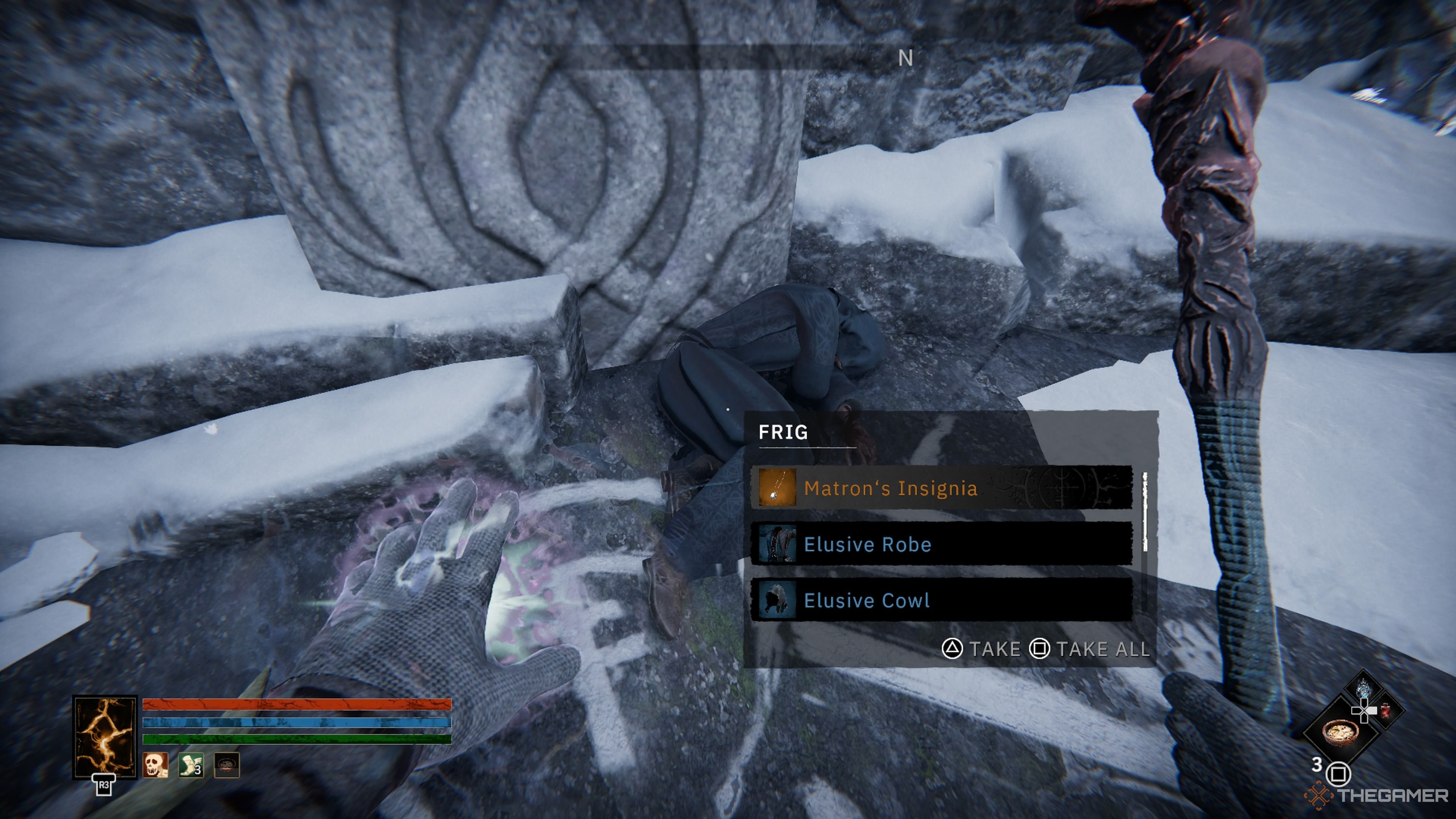 Player character finding and taking the Matron's Insignia off of Frig's corpse in the Shrine Cellars in Tainted Grail: The Fall Of Avalon.